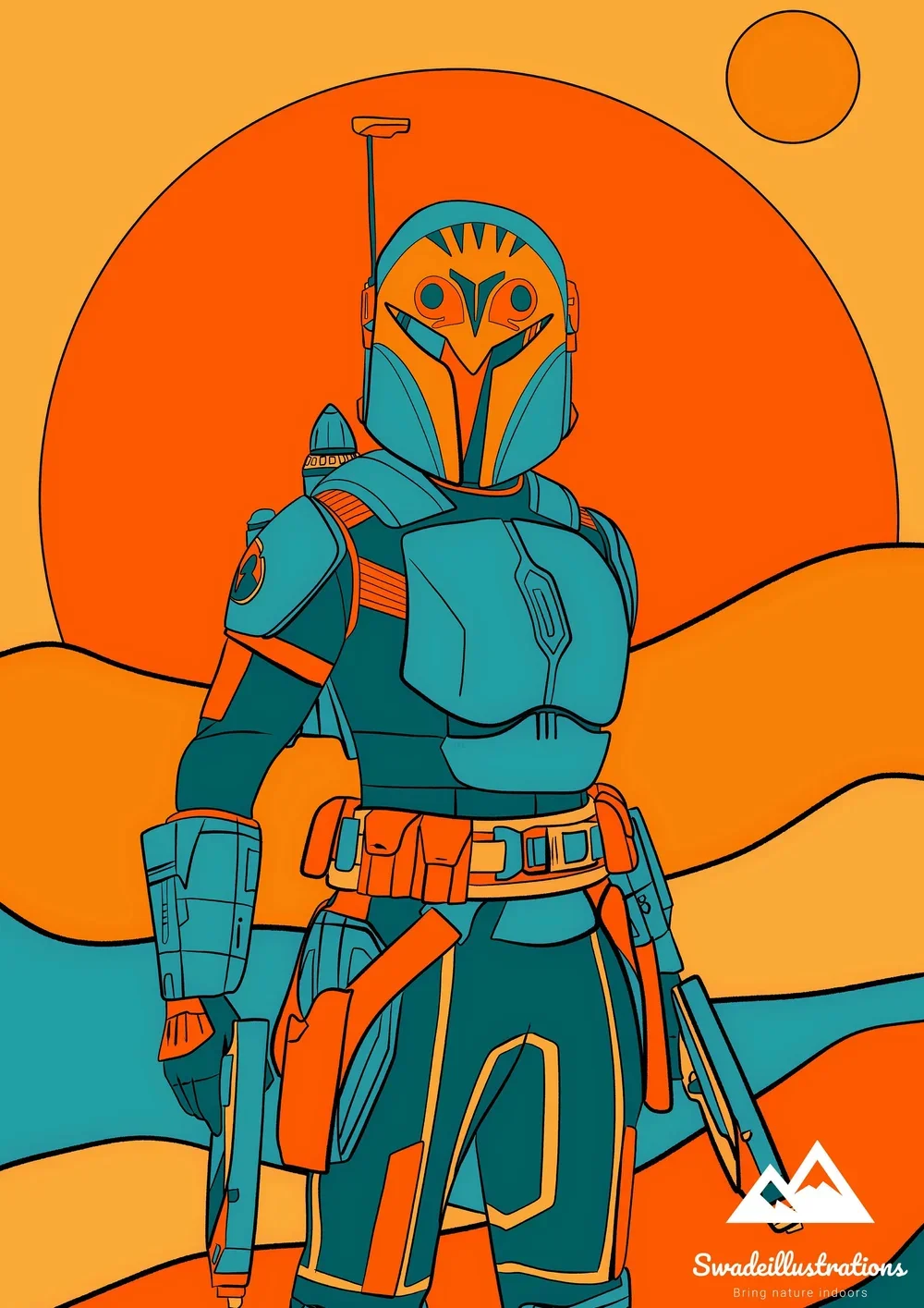 Digital illustration of a sci-fi soldier wearing futuristic armor and a helmet with a bird face design, standing in a desert landscape with a large orange sun in the background.