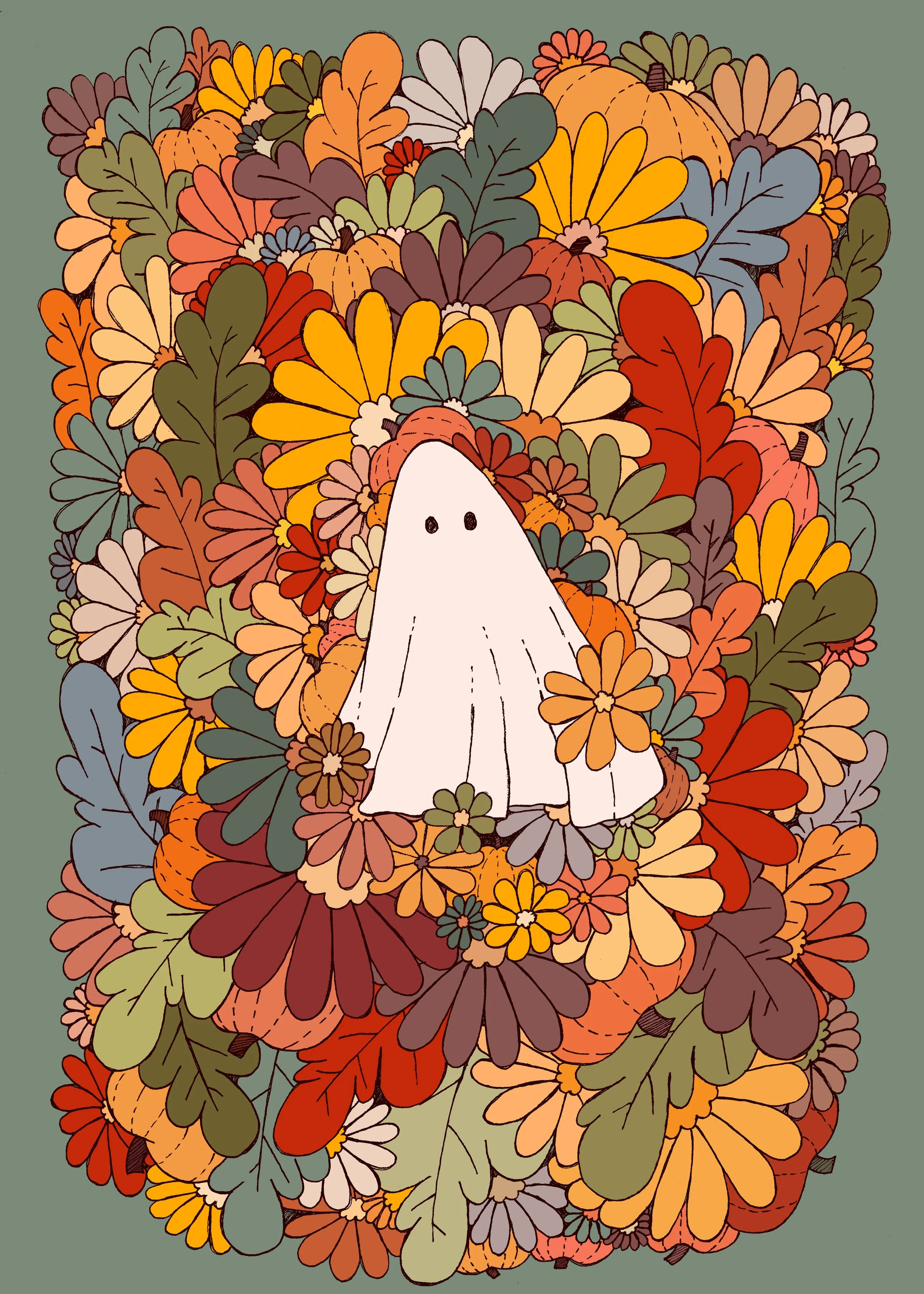 A cute cartoon ghost surrounded by colorful autumn leaves and flowers in shades of orange, yellow, green, brown, and cream on a muted green background.