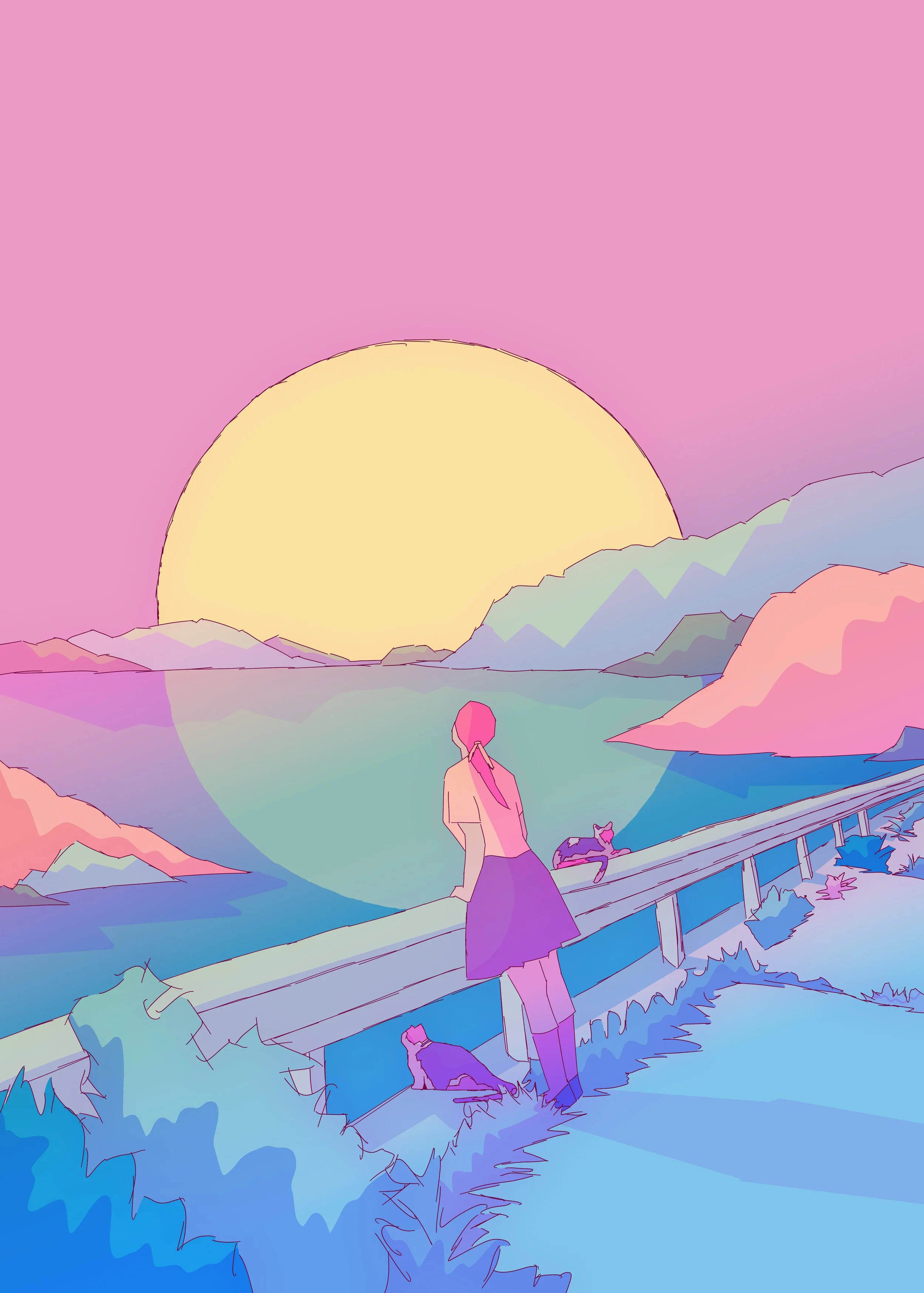A colorful, stylized illustration of a woman and her dog watching a sunset over mountains and a lake, with a cat nearby, in pastel hues.