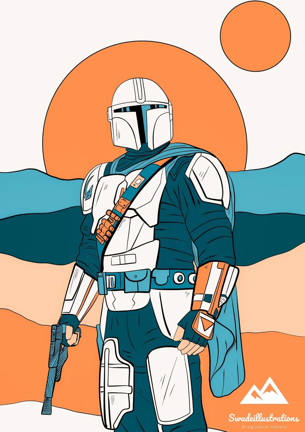 A cartoon illustration of a Mandalorian from Star Wars, equipped with armor and a helmet, holding a blaster, standing outdoors with a landscape of mountains and three celestial bodies in the sky, including an orange sun.