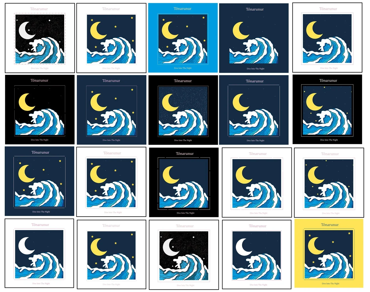 A collection of 15 digital images featuring a stylized moon, stars, and ocean waves at night, with various background colors and border designs, including black, blue, white, and yellow accents.