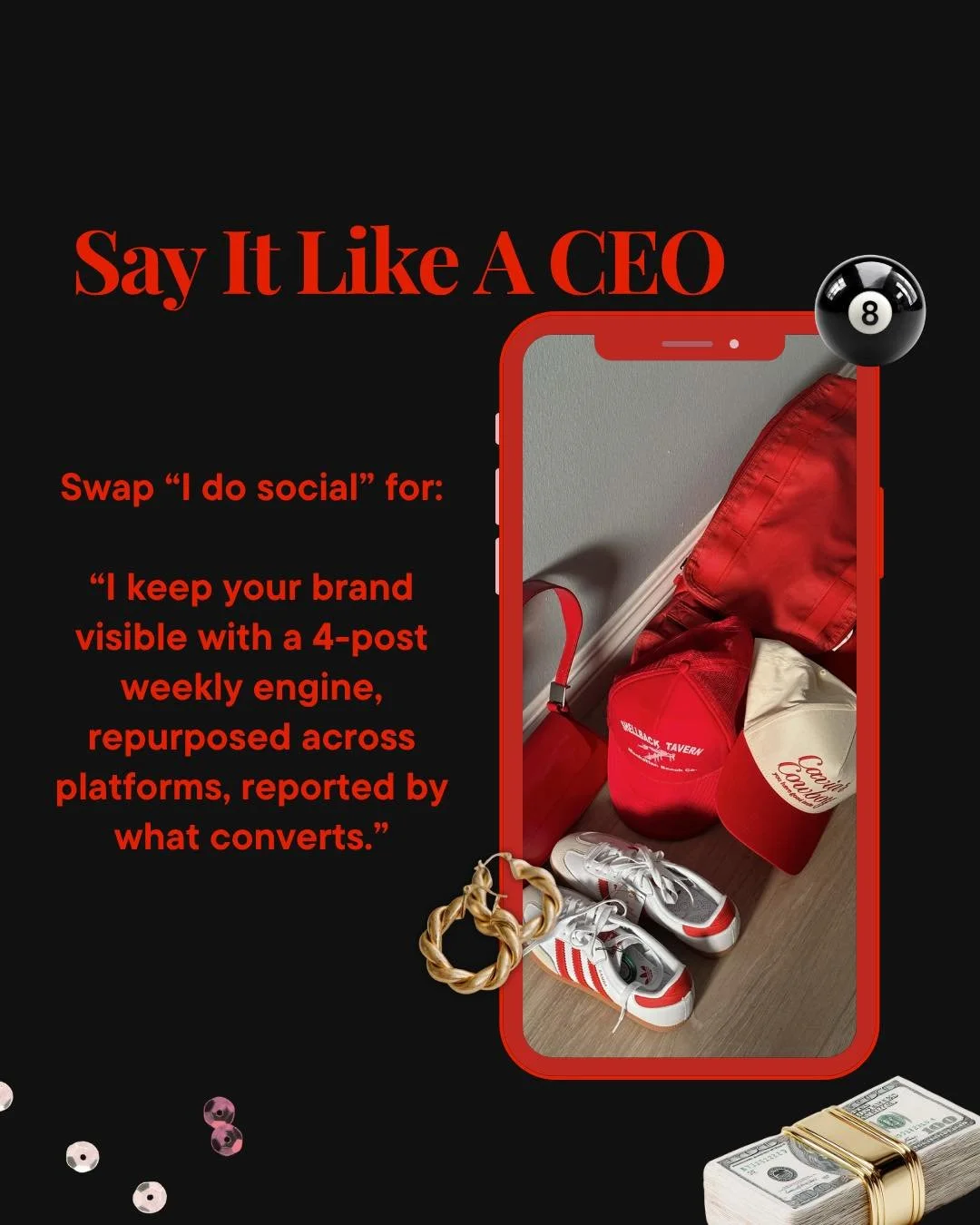 Say It Like A CEO 

Executives don&rsquo;t buy services.
They buy solved problems.

Swap &ldquo;I do social&rdquo; for:
&ldquo;I keep your brand visible with a 4-post weekly engine, repurposed across platforms, reported by what converts.&rdquo;

One 