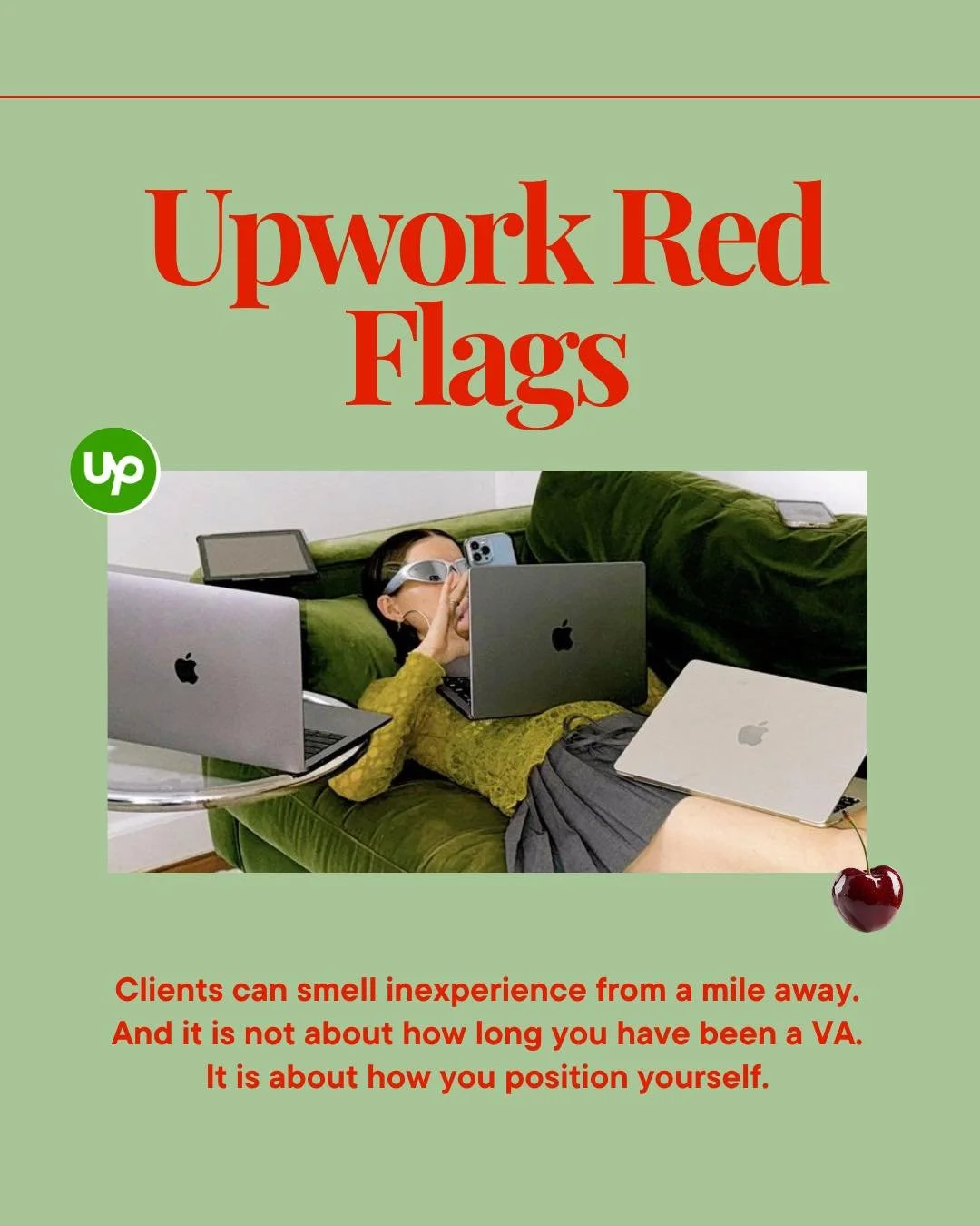 Upwork Red Flags

Your Upwork profile is screaming red flags and you do not even know it.

Clients can smell inexperience from a mile away. And it is not about how long you have been a VA. It is about how you position yourself.

Here is what makes cl