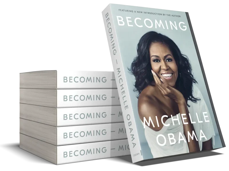 A stack of five copies of the book 'Becoming' by Michelle Obama, with the cover featuring a smiling Michelle Obama in a white outfit.