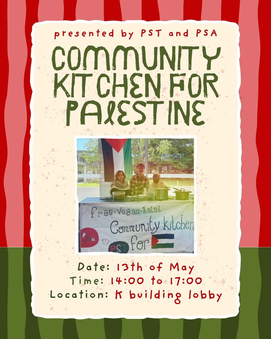 Join us this week Wednesday (13th of May) in the lobby of K building from 14:00 to 17:00 for a free warm meal and to have a nice conversation with us! The food served is both halal and vegan.
This week&rsquo;s menu is Mashed potatoes and Soy Schnitze