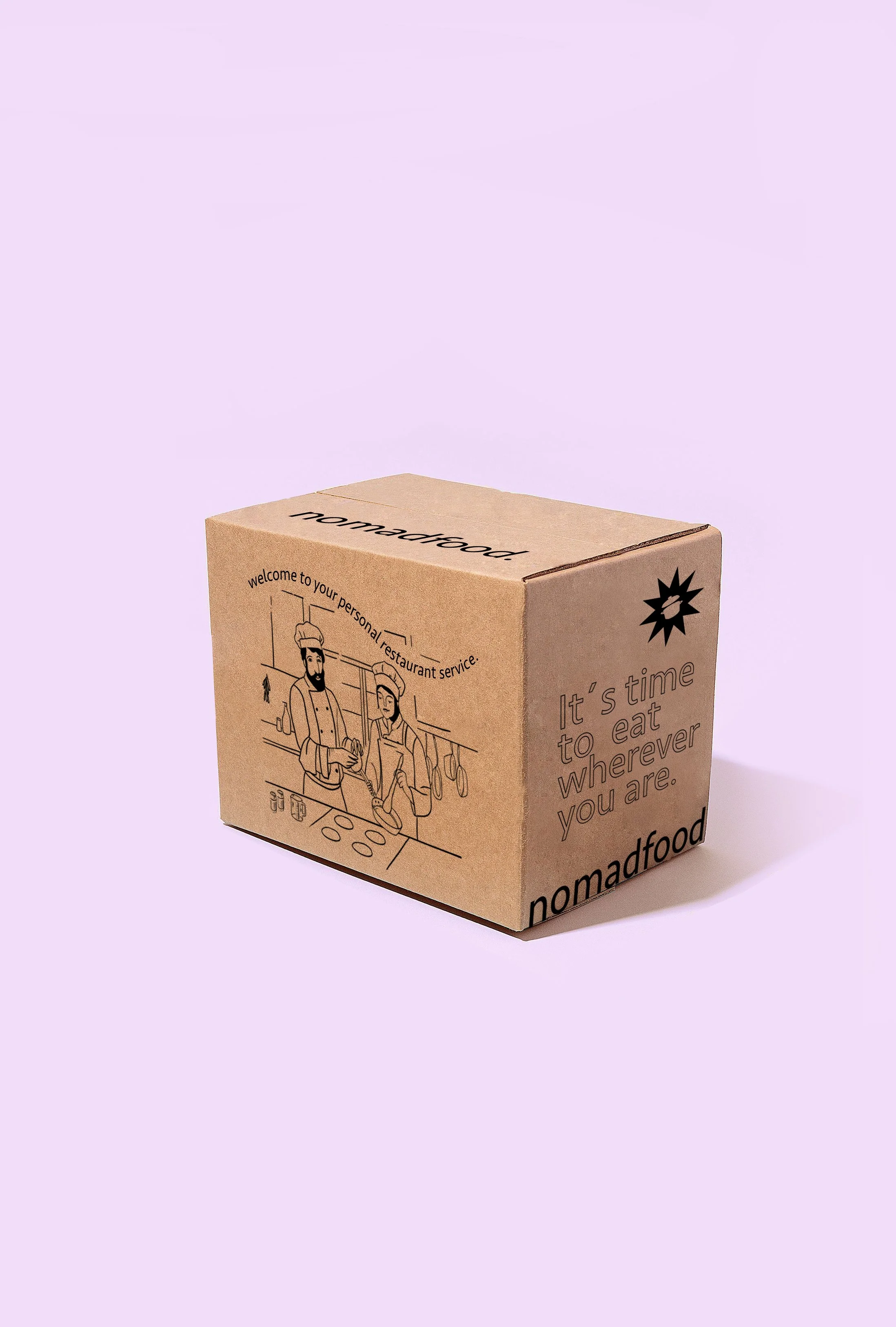 Caja de cartón de color marrón con ilustración de dos chefs en una cocina y texto en inglés y español. Texto en inglés: "welcome to your personal restaurant service" y "It's time to eat wherever you are." Diseño de packaging por GustoStudio