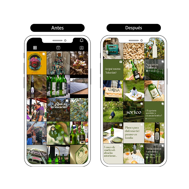Comparación del contenido de un teléfono móvil con dos pantallas, la izquierda muestra 'Antes' y la derecha 'Después'. La pantalla izquierda tiene fotos de botellas de sidra, actividades en una feria y muestras de productos. La pantalla derecha muestra imágenes relacionadas con la sidra asturiana, saludos, un sorteo y frases familiares.