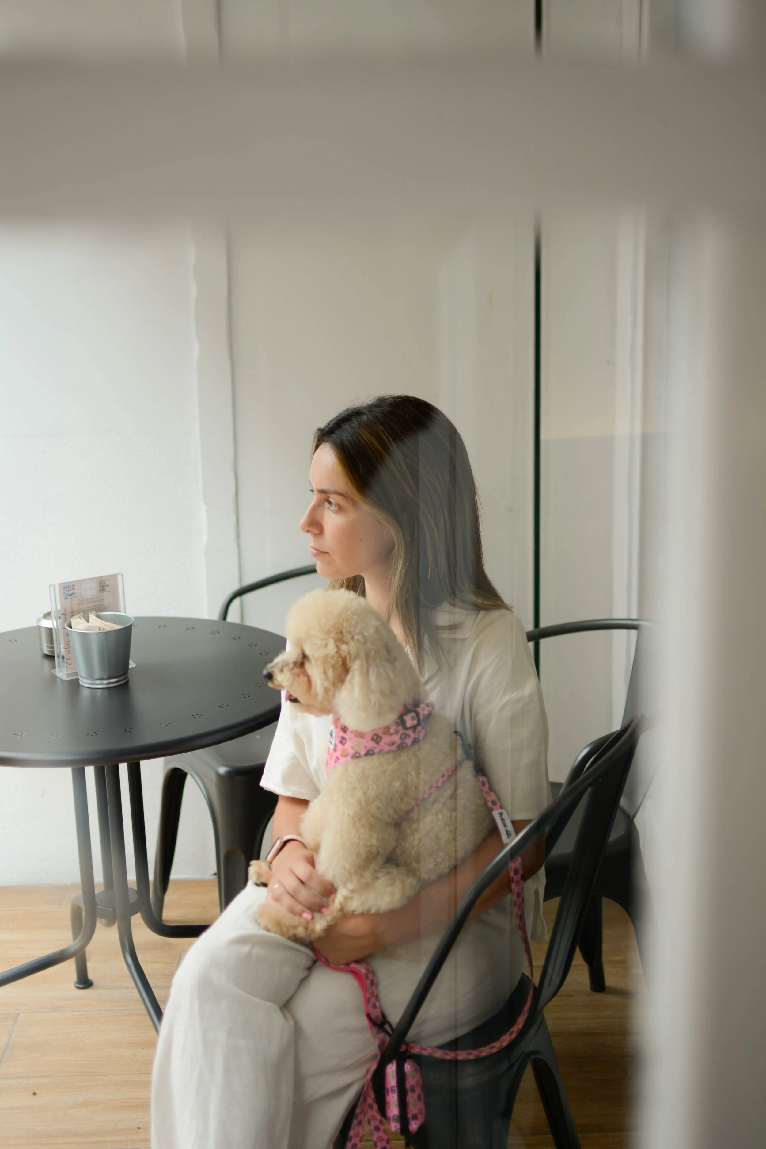 Una mujer sentada en una silla negra sostiene un perro de peluche en sus brazos, en un espacio con paredes blancas y una mesa negra con objetos sobre ella. Dirección creativa y foto de GustoStudio para el logotipo de una marca de arneses de perro.