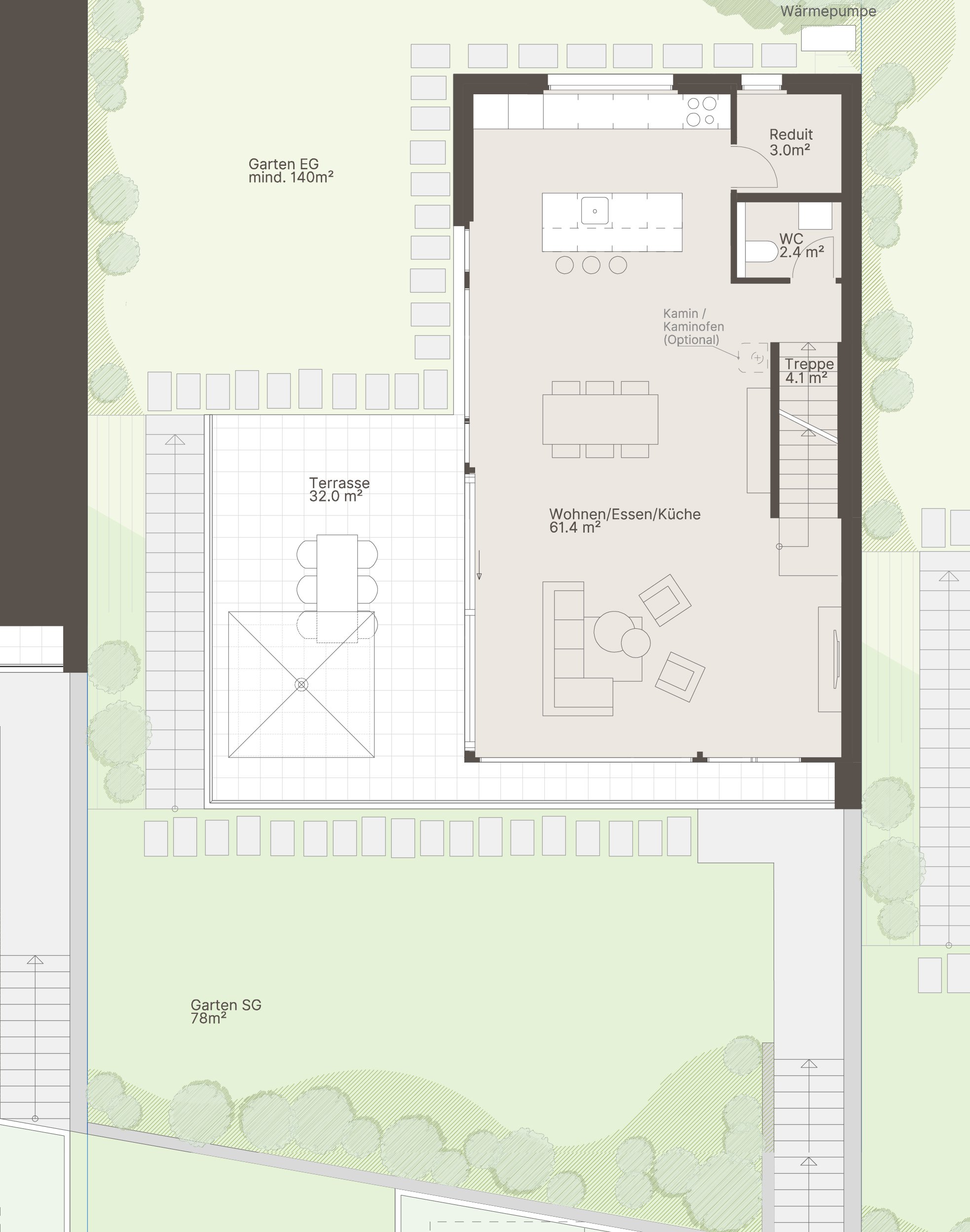 Der Grundriss eines Hauses in Böckten mit Wohnbereich, Terrasse, Garten, Küchenbereich, Kamin, WC, Vorraum, Treppe und Begrünung im Außenbereich.