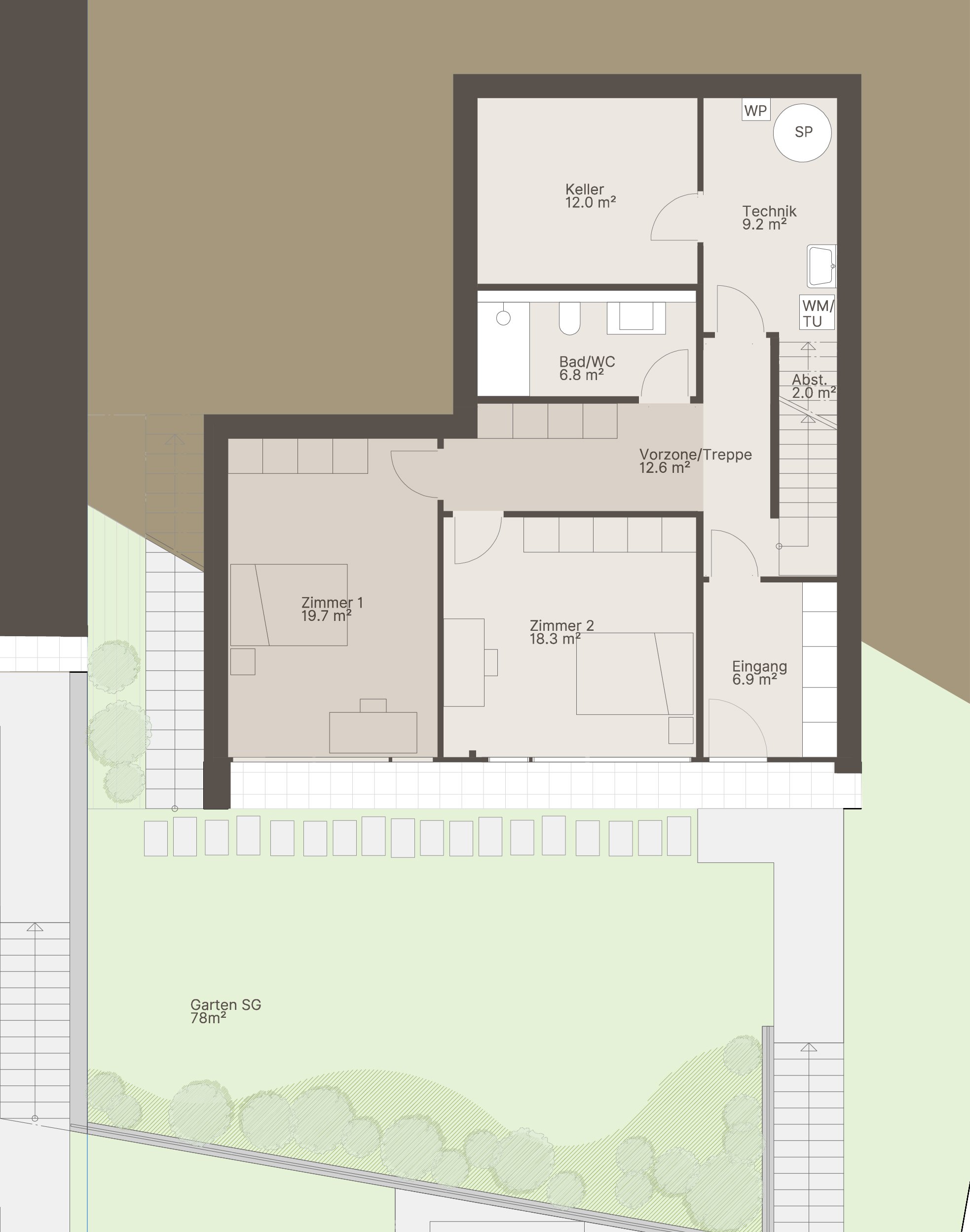 Grundriss eines Hauses mit zwei Schlafzimmern, Badezimmer, Küche, Eingangsbereich, Technikraum, Keller und Garten in Böckten..