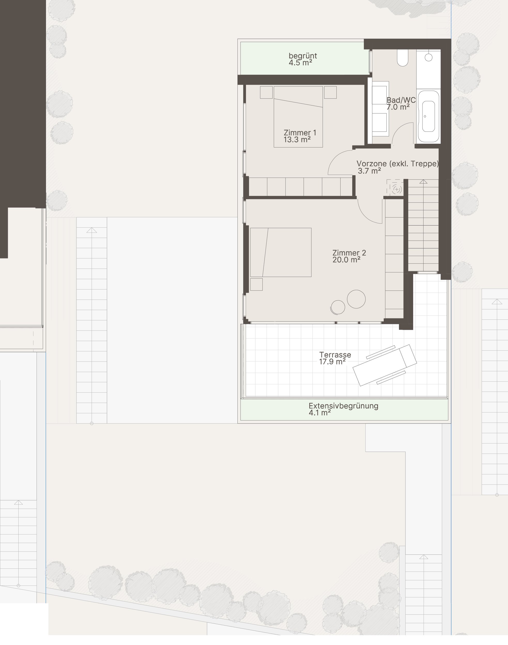 Grundriss eines Hauses in Böckten mit zwei Zimmern, Terrasse, Badezimmer, Vorraum und begrünter Fläche