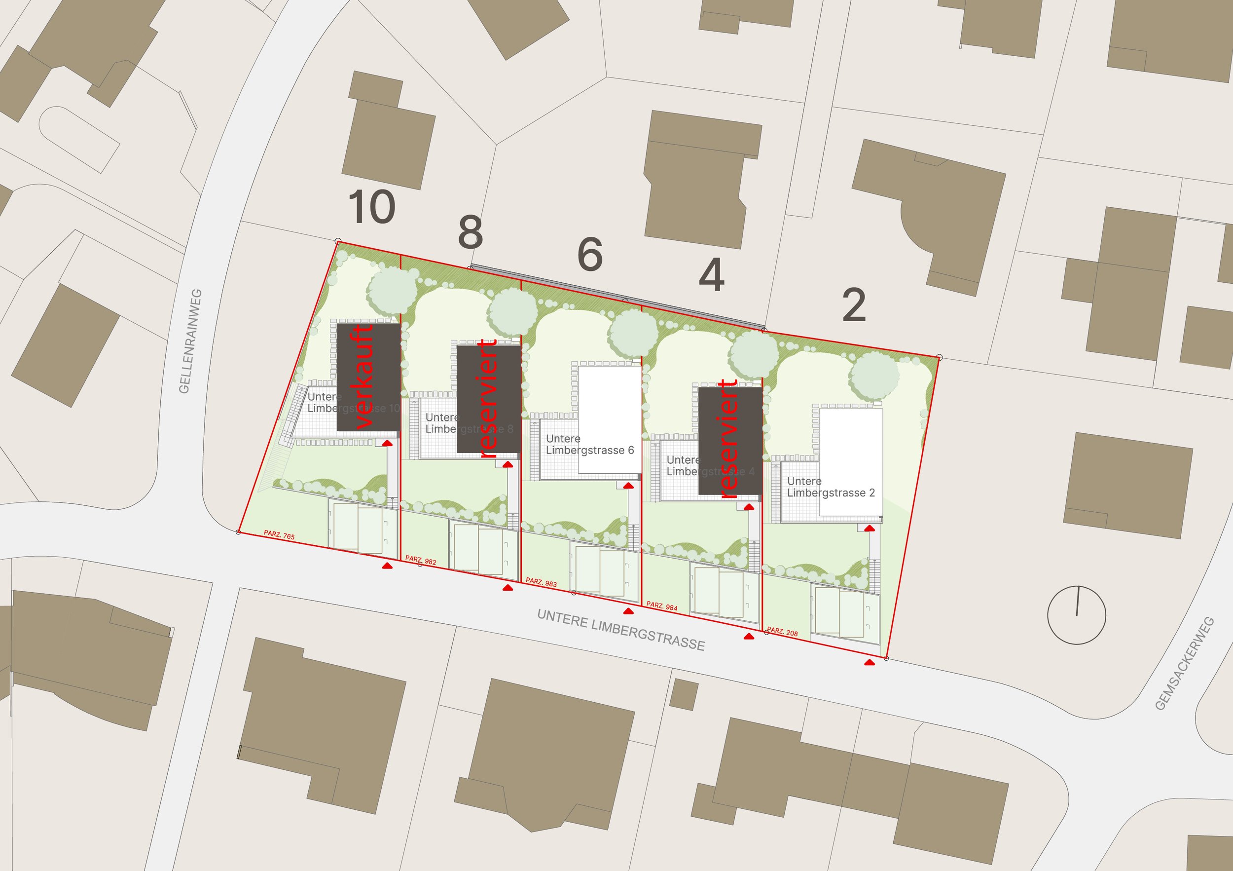 Lageplan eines Wohnprojekts mit fünf Gebäuden an der Untere Limbergstrasse in Böckten, die Häuser sind teilweise reserviert oder verkauft, einige sind noch verfügbar. Die Karte zeigt Straßen, Bäume, Grundstücksgrenzen und Wege.