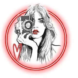 Black and white illustration of a woman holding a camera with red lips, surrounded by a red circle.