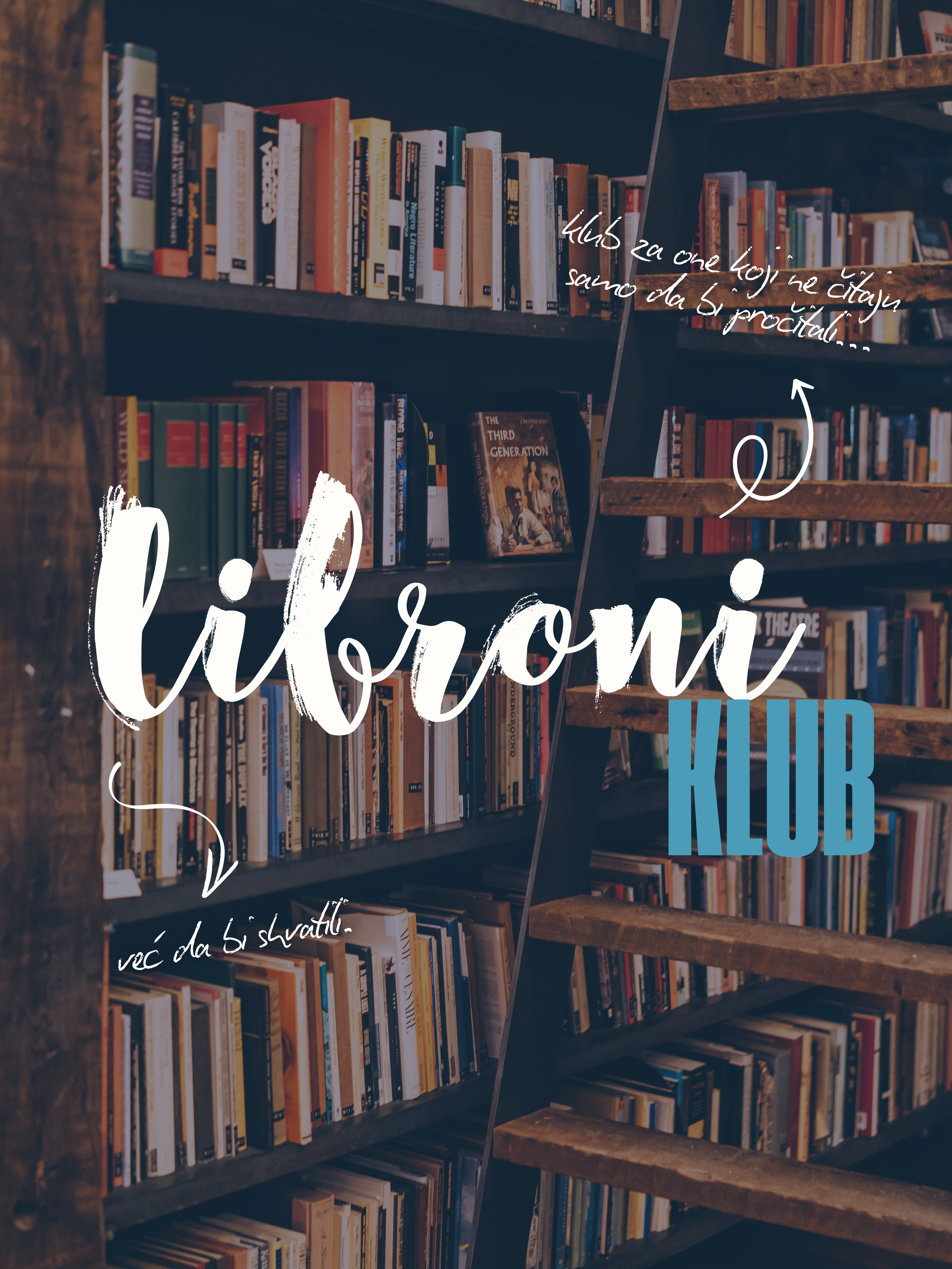 Books on shelves in a library or bookstore with handwritten and graphic overlay text in Serbian.