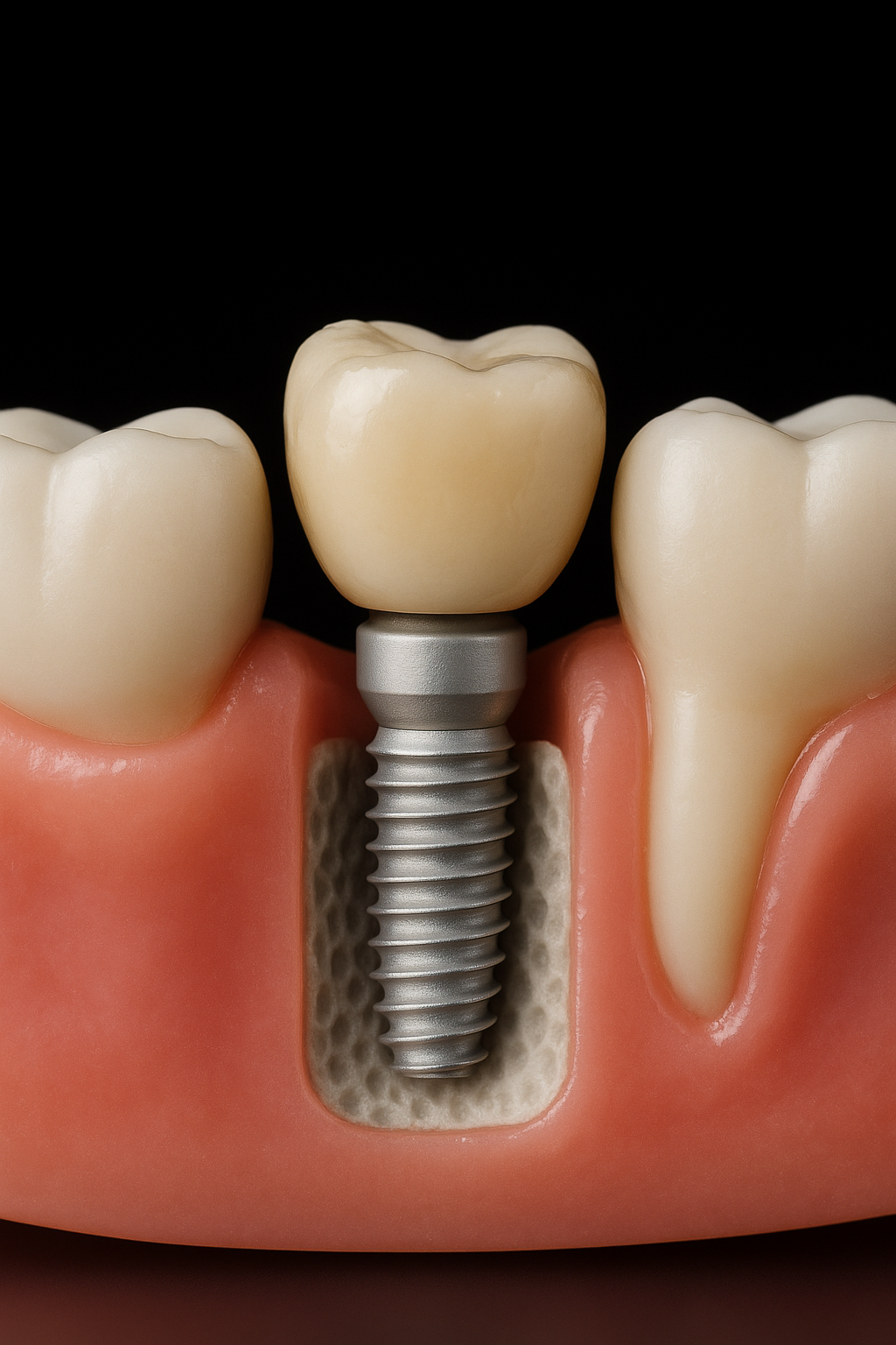 Modell eines Zahnersatzes, der auf einer Zahnimplantat-Dentalimplant-Schraube befestigt ist, mit umliegendem Zahnfleisch.
