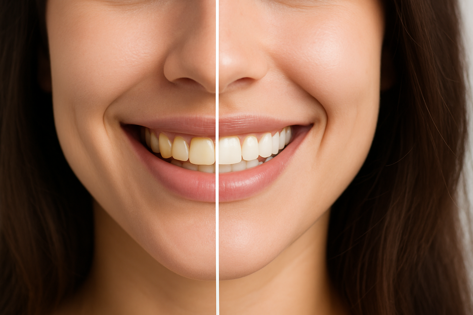 Vergleich eines ungleichmäßigen, verfärbten Lächelns links und eines weißen, geraden Lächelns rechts