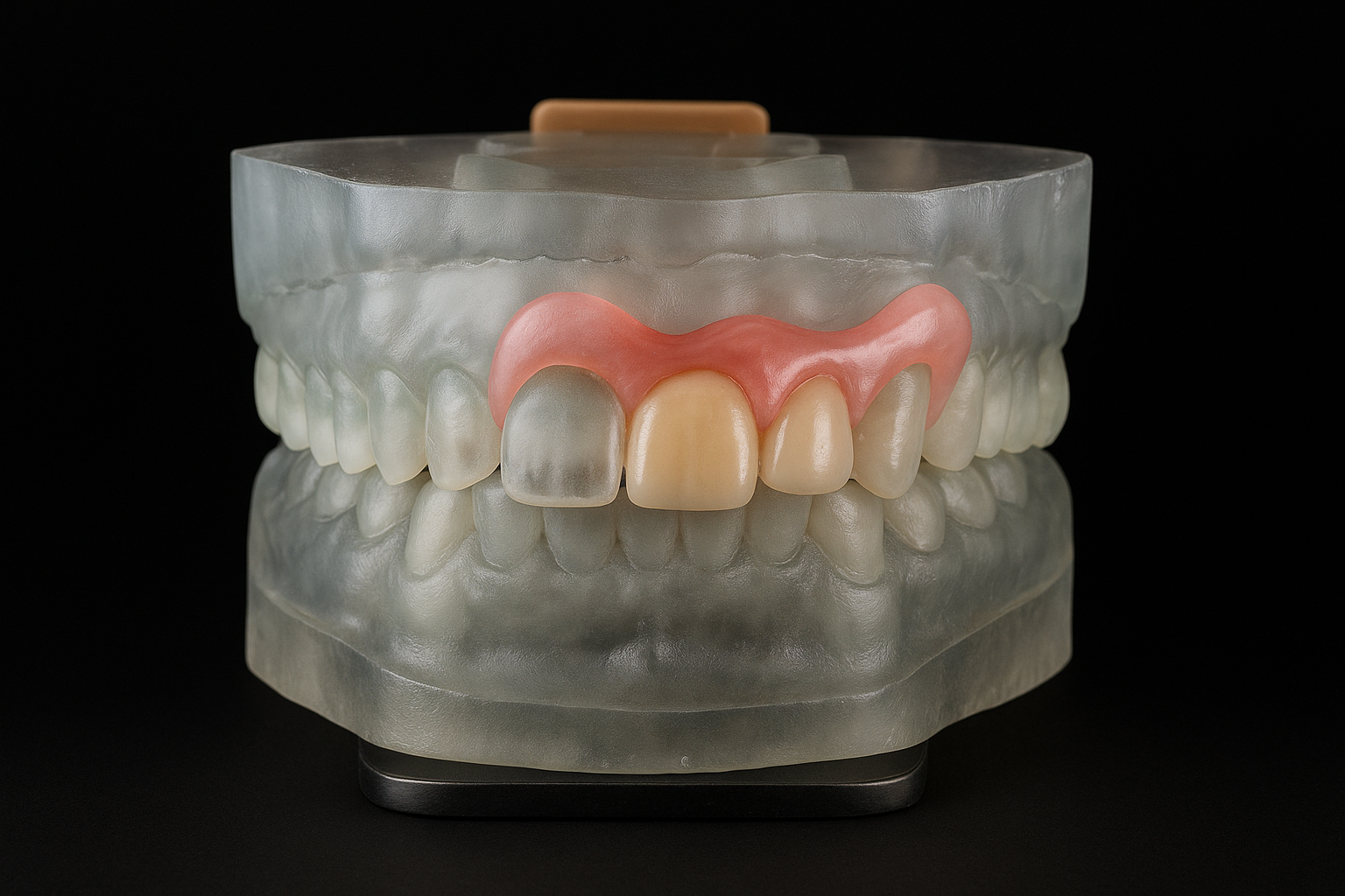 Modell eines Gebisses mit einer Brücke und Zahnfleischprothese auf einer schwarzen Oberfläche.