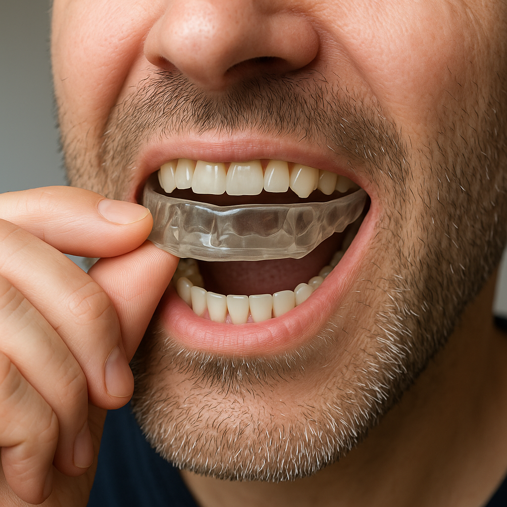 Ein Mann legt eine klare, silikonavormige Zahnschiene in den Mund.