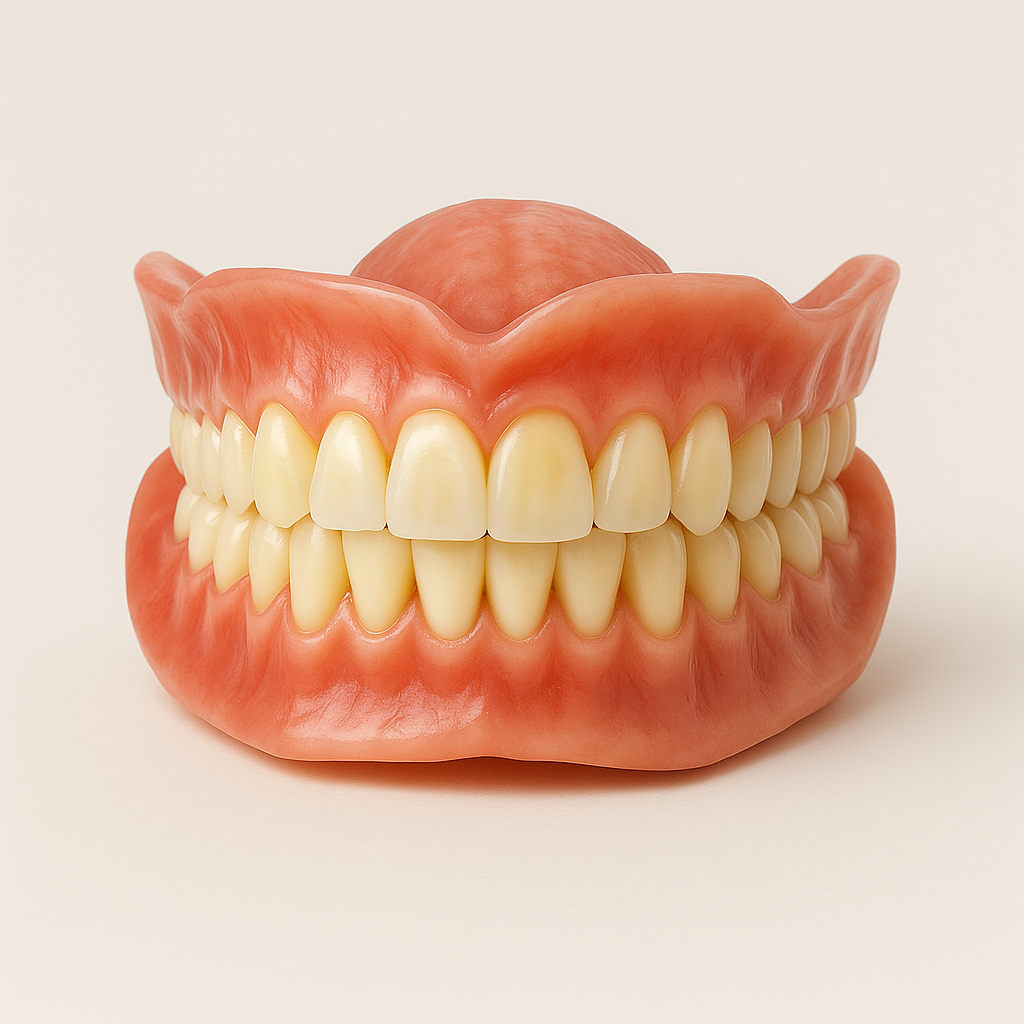 Ein Modell eines offenen menschlichen Kiefers mit Zähnen und Zahnfleisch, auf weißem Hintergrund.