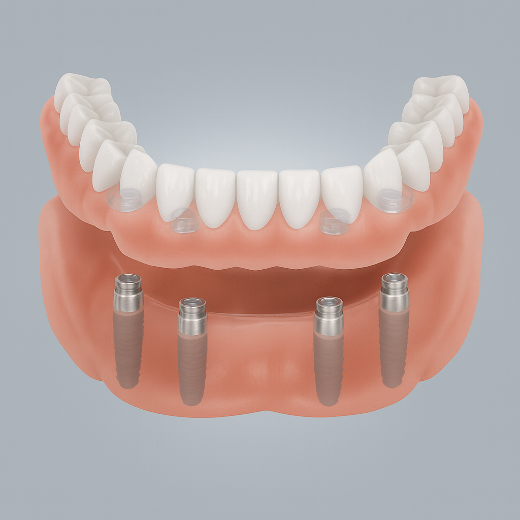 Digitales Bild eines unteren Zahnersatzes mit Implantaten, zeigt die Positionen der Zahnimplantate im Kieferknochen.