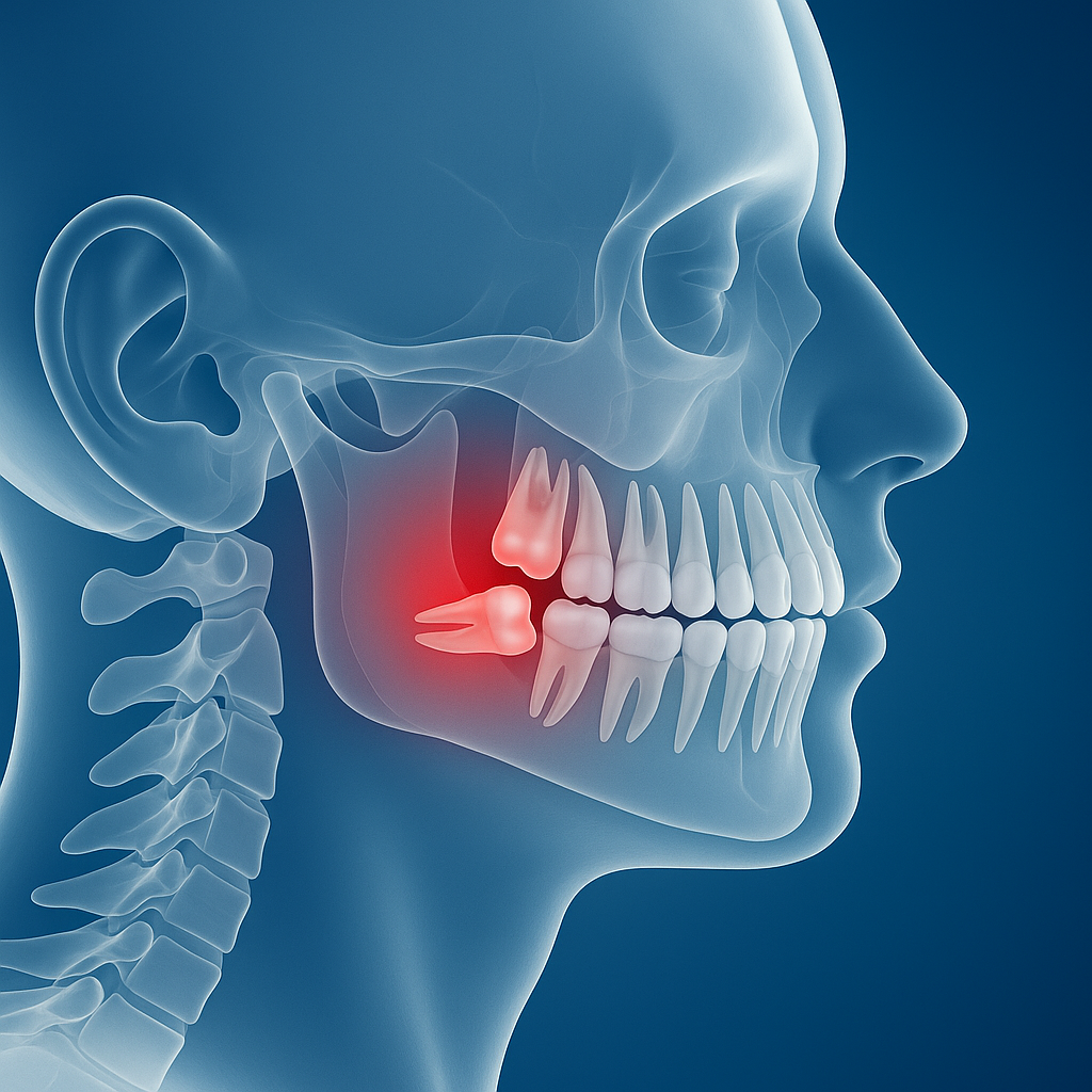Schnitt eines menschlichen Schädels mit hervorgehobener Weisheitszahn, der Schmerzen verursachen könnte.