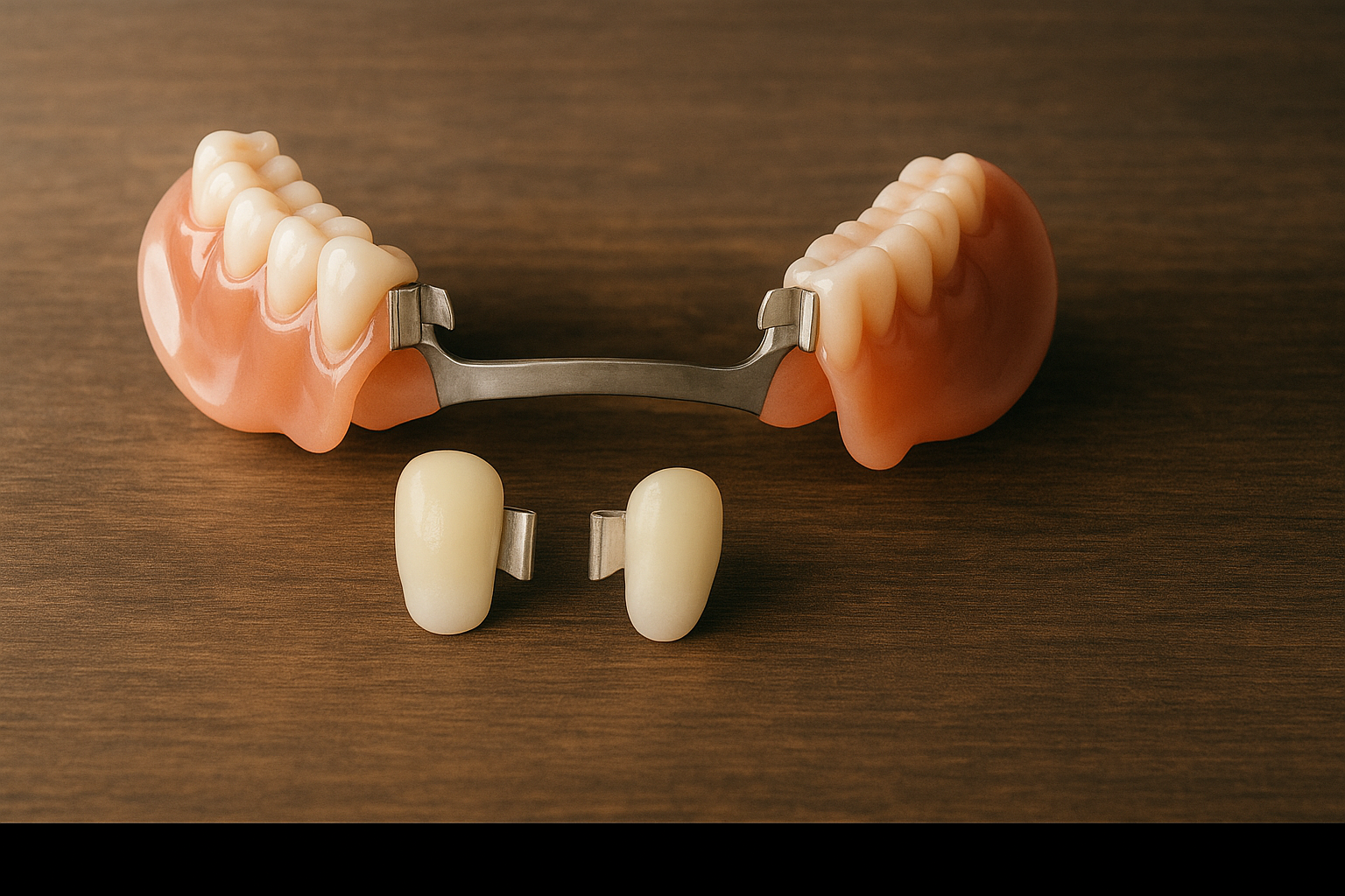 Ein Modell eines Gebisses mit Abhilfe und fake Zähnen auf einem Holztisch.