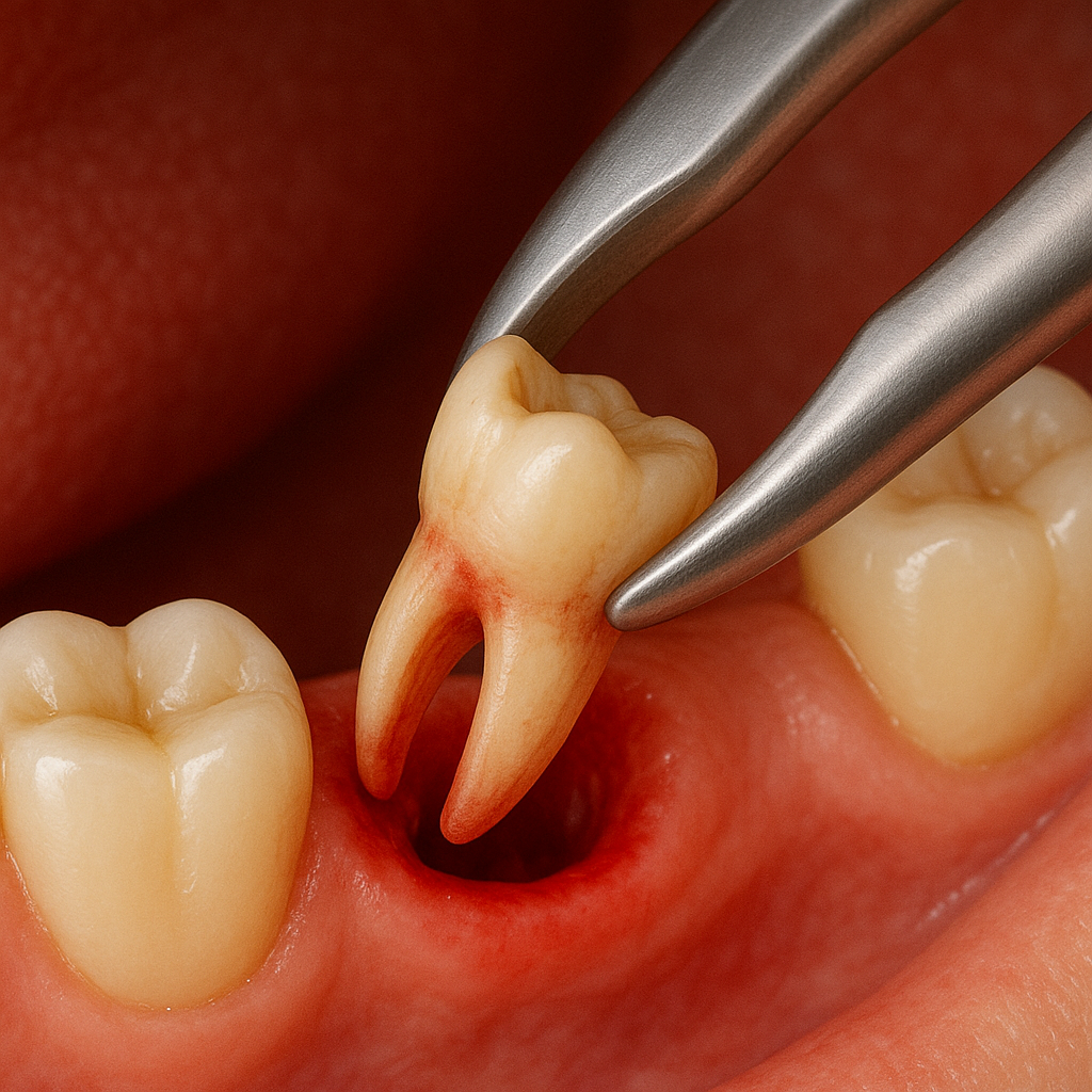 Zahnärztliche Untersuchung mit einem kieferorthopädischen Werkzeug, das einen Zahn in einem Mund betrachtet.