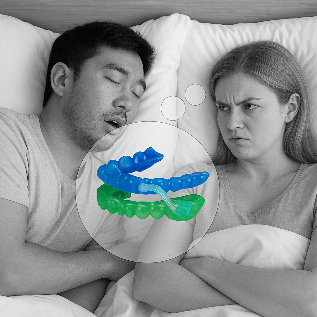 Ein Mann schläft, während eine Frau wütend aussieht und sie im Bett liegen. Es gibt eine digitale Illustration eines Darms, die über ihrem Arm schwebt.