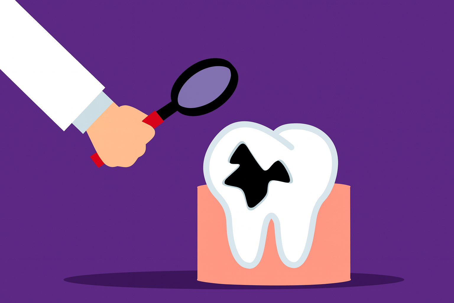 Illustration einer Hand mit Lupe, die einen Zahn mit Karies untersucht. Hintergrund ist lila.