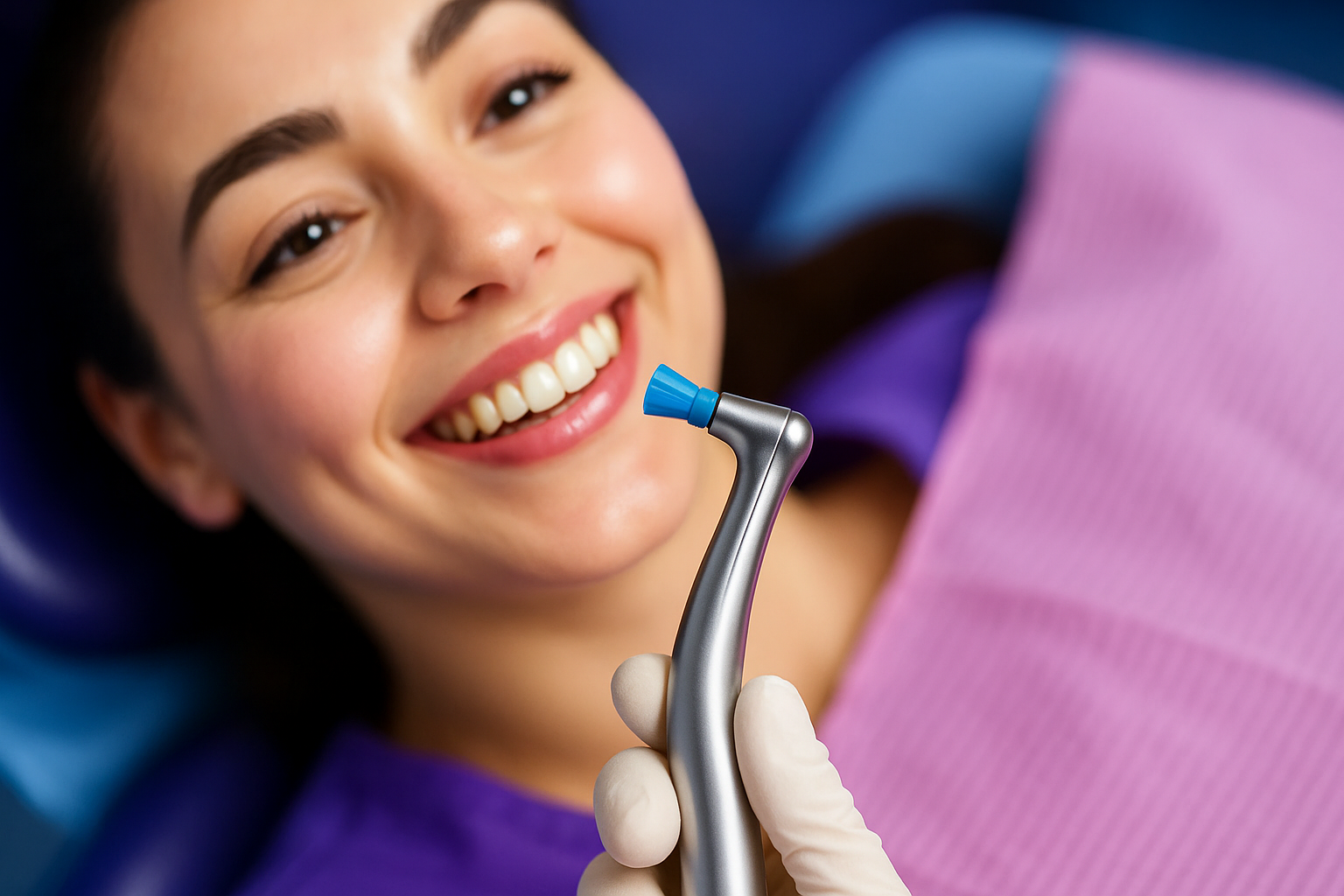 Lächelnde Frau beim Zahnarzt, der ein zahnärztliches Instrument hält.