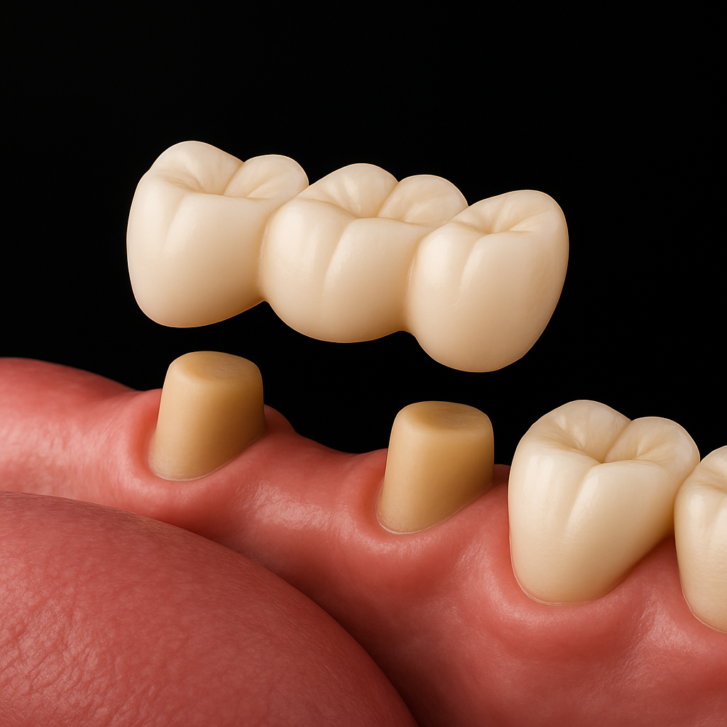 Ein Zahnprothese, die über einem darunter liegenden Zahnersatz aus Implantaten platziert wird.