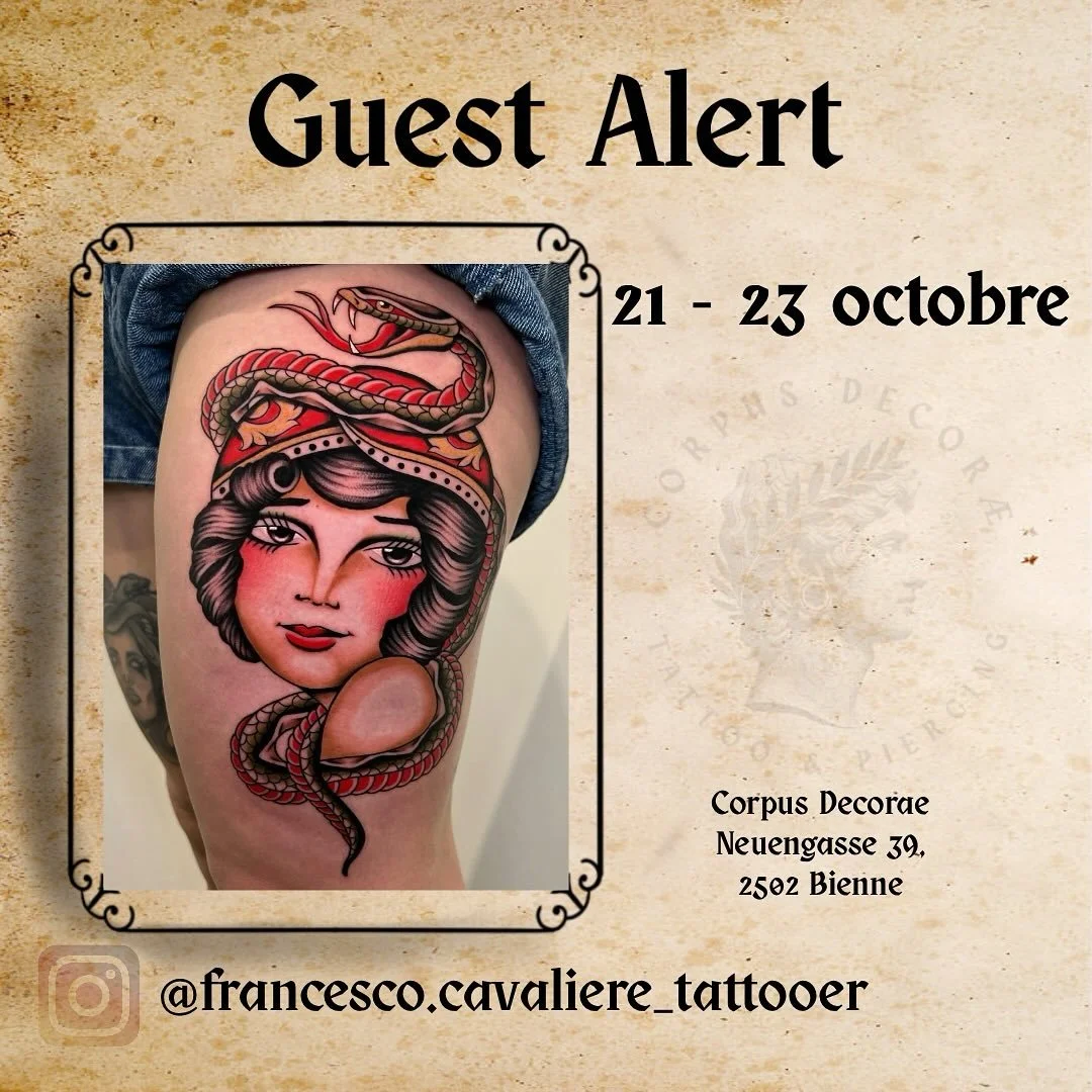 ✨ Guest Alert ✨
Francesco, tatoueur originaire d&rsquo;Italie, sera avec nous du 21 au 23 octobre !
Sp&eacute;cialis&eacute; dans les tatouages traditionnels / old school, il a d&eacute;j&agrave; remport&eacute; plusieurs prix en convention 🏆
📩 R&e
