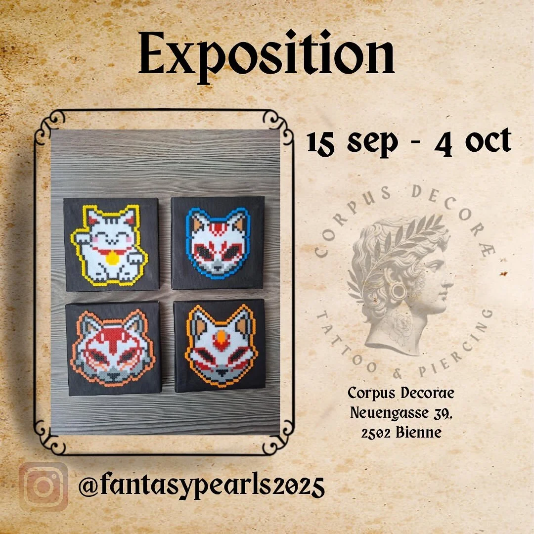 ✨ Exposition chez Corpus Decorae ✨
Du 15 septembre au 4 octobre, d&eacute;couvre l&rsquo;univers de Fantasy Pearls : des cr&eacute;ations en perles &agrave; repasser inspir&eacute;es des mangas et de la pop culture 🎨
👉 Viens explorer cette expo uni
