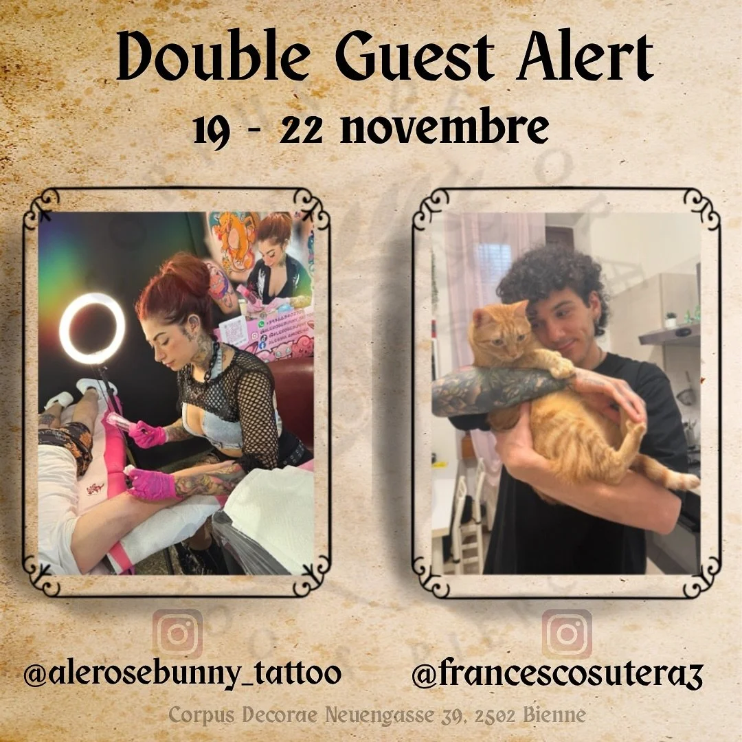 🇫🇷 Description :

🔥 Double Guest Alert 🔥
Du 19 au 22 novembre, le studio accueillera deux artistes incroyables :
✨ @alerosebunny_tattoo &mdash; univers color&eacute;, kawaii et plein d&rsquo;&eacute;nergie
🖤 @francescosutera3 &mdash; style n&eac