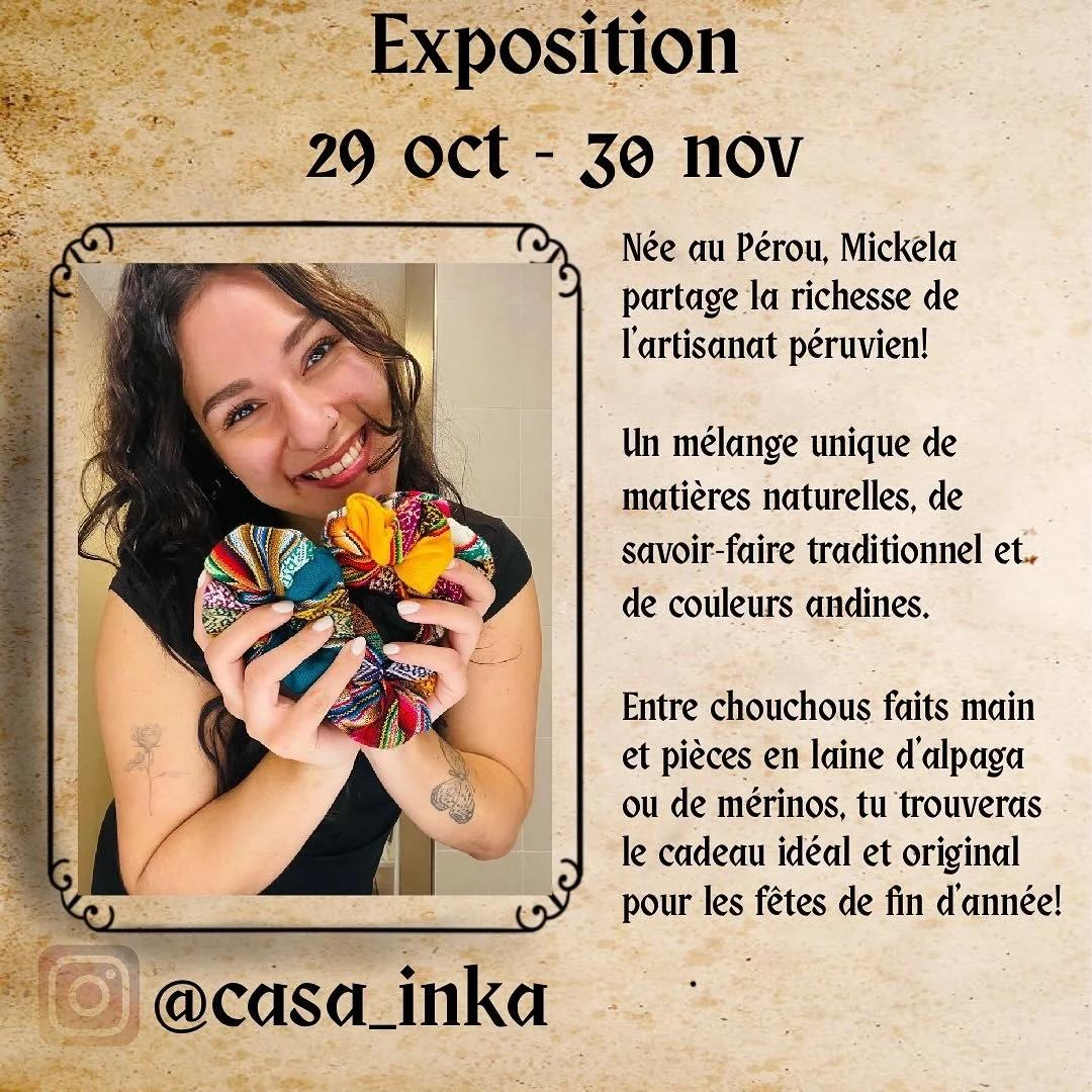 🧶✨ Du 29 octobre au 30 novembre, nous accueillons Mickela ! Dit @casa_inka 
Artisane suisse aux origines p&eacute;ruviennes, elle cr&eacute;e &agrave; la main des accessoires uniques : chouchous, bonnets, &eacute;charpes et bien plus encore.
Chaque 