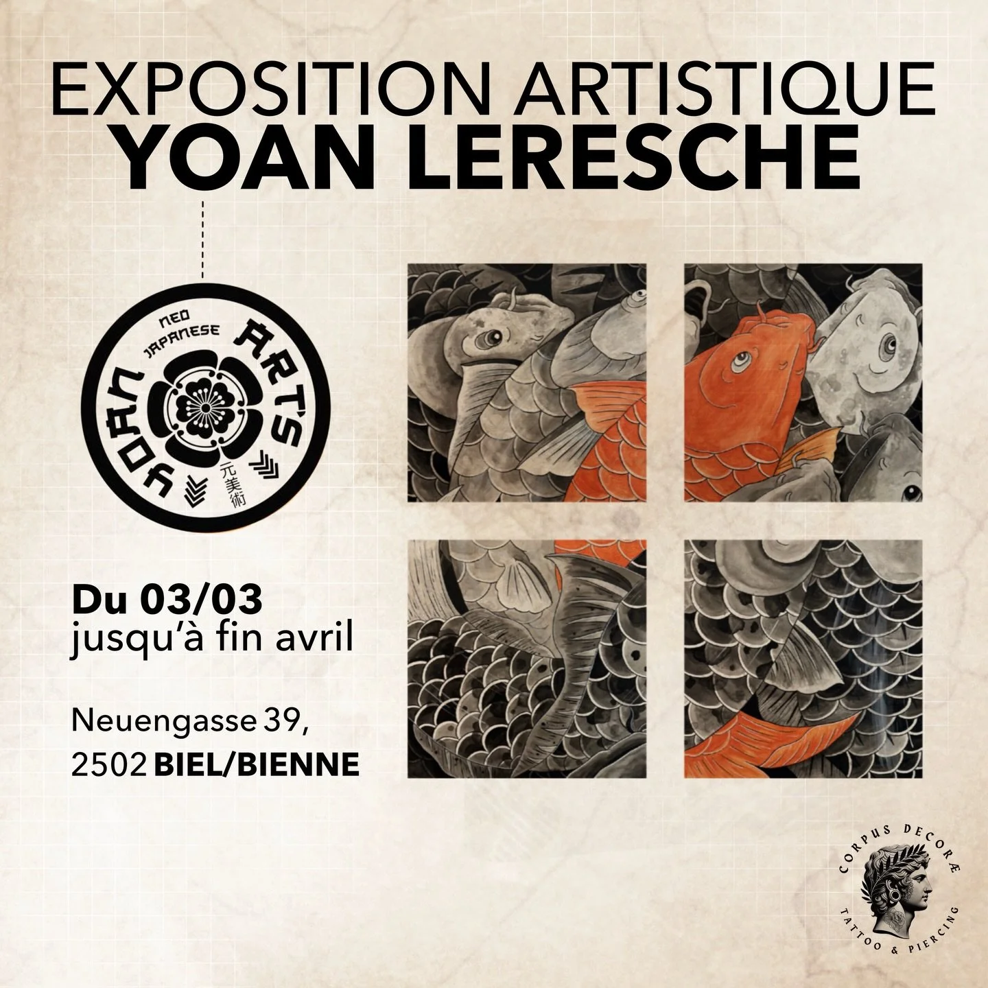 Le Corpus Decorae accueille l&rsquo;exposition de l&rsquo;artiste Yoan Leresche, avec une s&eacute;rie exclusive de tableaux inspir&eacute;s de la mythologie orientale.

Son travail m&ecirc;le l&rsquo;influence du street art, de l&rsquo;illustration 