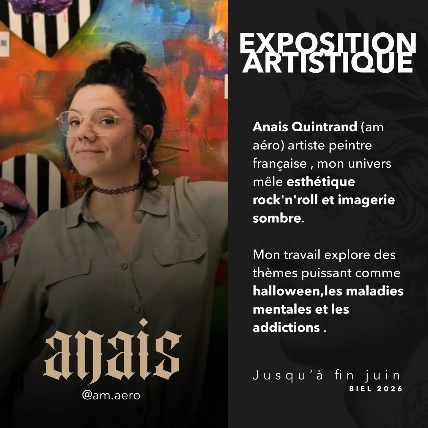 Ce mois-ci, le studio accueille l&rsquo;univers de Anais Quintrand ( @am.aero )pour une exposition entre esth&eacute;tique rock&rsquo;n&rsquo;roll, imagerie sombre et &eacute;motions brutes.

&Agrave; travers ses &oelig;uvres, l&rsquo;artiste explore