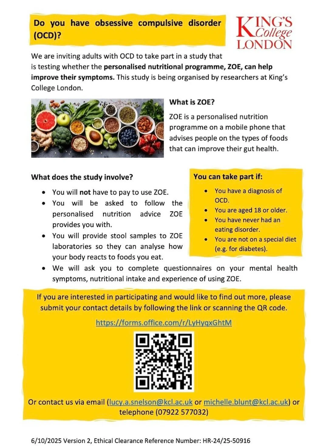 Can improving diet help ameliorate symptoms of OCD? My colleagues @kingsioppn David Veale, Michelle Blunt, Alexa Roxborough, Lucy Snelson and I are keen to find out! We are offering clients with OCD a chance to use the ZOE personalised nutrition prog