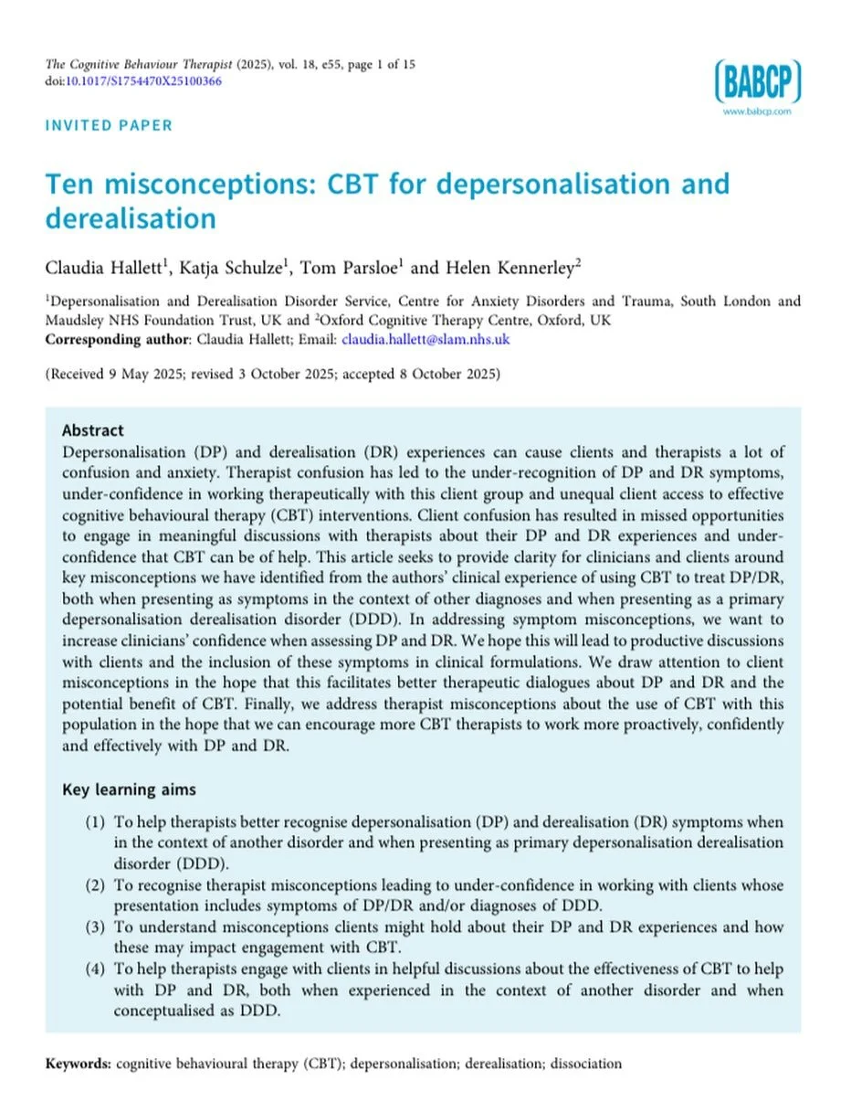 I&rsquo;m very excited to be able to share with you our 10 misconceptions of DP/DR paper I presented at the EABCT conference earlier in the year. Having been inspired by the wonderful Hannah Murray and her pioneering 10 misconceptions of TF-CBT for P