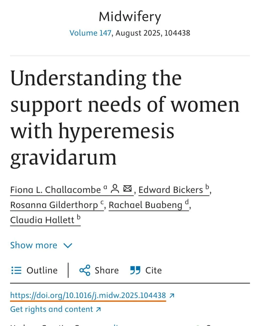 Hyperemesis Gravidarum 

I&rsquo;m so incredibly proud to be sharing this paper with you. For those that know me, a real personal-professional cross over moment seeing this paper in the world. HG was one of the times I&rsquo;ve felt the most detached