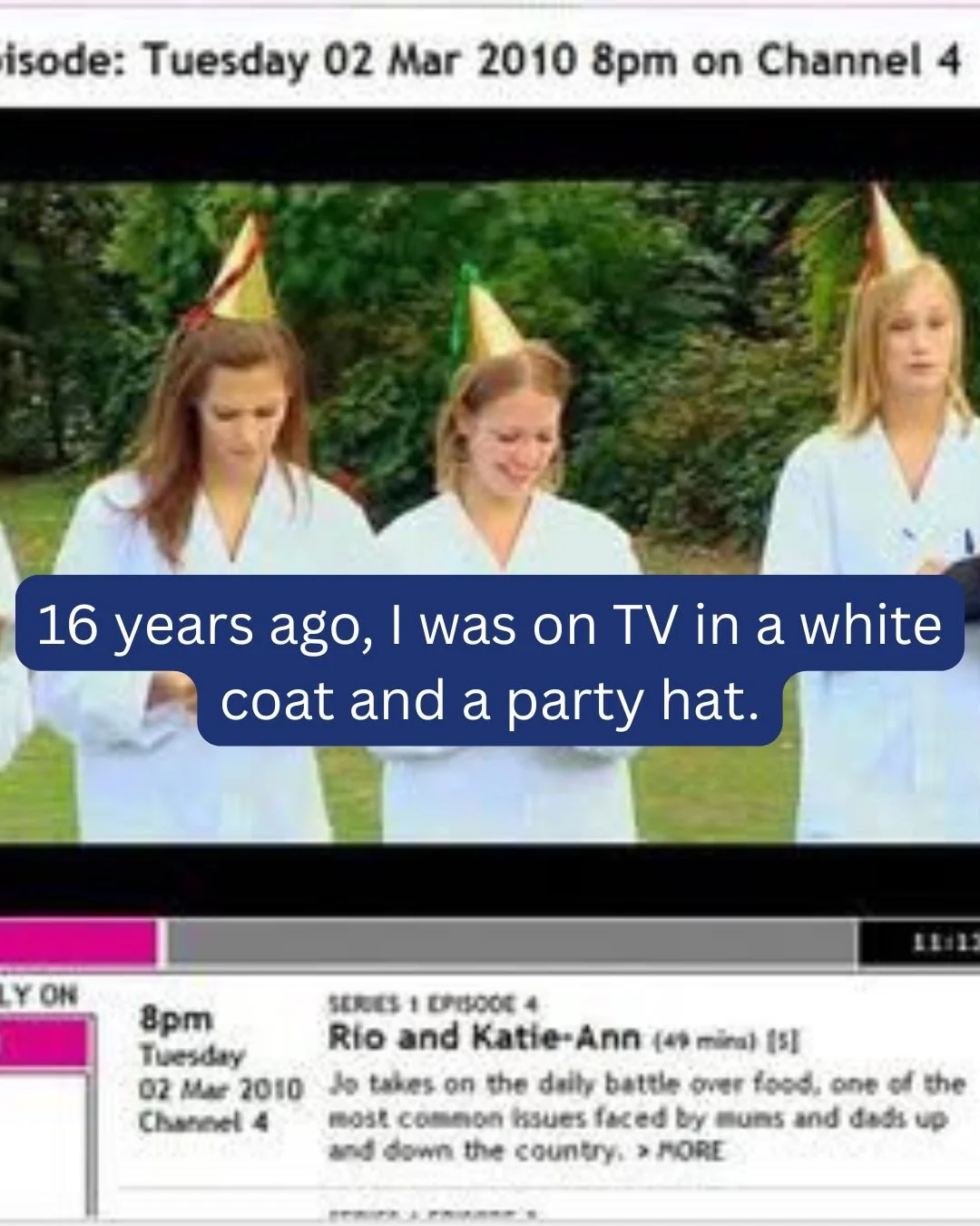 I recently came across this picture which makes me smile. 16 years ago, on a TV set, measuring sugar highs at a children's birthday party. Standardised questionnaires, before and after cake. 

What I learnt: what you see on the surface rarely tells y
