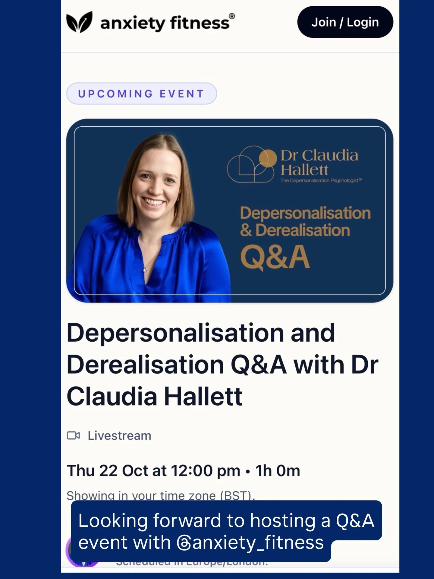 Looking forward to hosting a DP/DR Q&amp;A event with @anxiety_fitness on October 22nd 12pm UK time. 

🙋 Drop your questions in the comments and I&rsquo;ll do my best to answer as many as possible at the event. 

&pound;19.99 a seat with replay avai