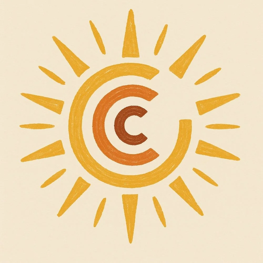 Stylized sun with a central circle, radiating rays, and a nested 'C' logo in orange, yellow, and brown colors.