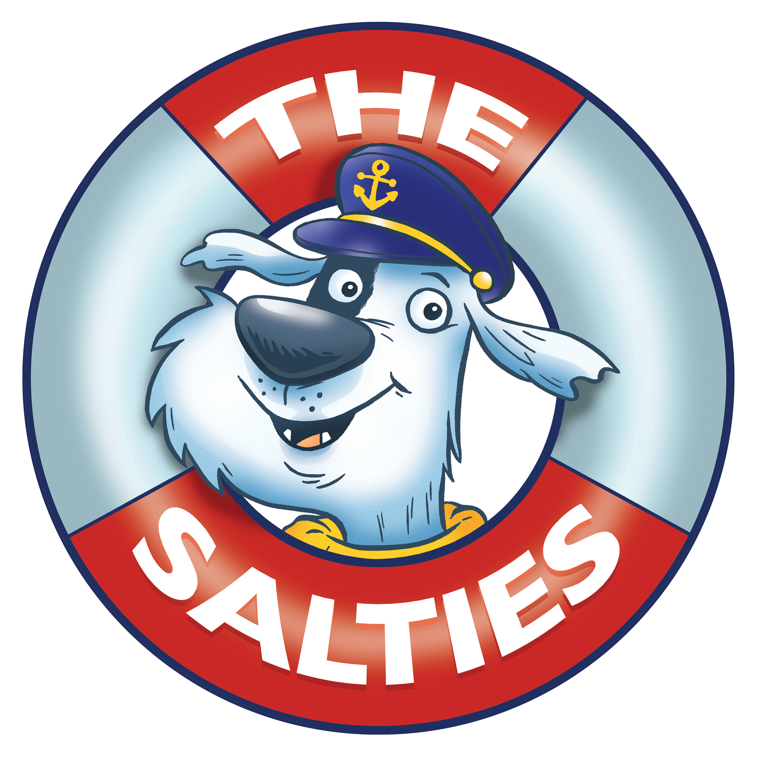 A cartoon dog wearing a navy captain's hat with an anchor emblem, surrounded by a lifebuoy with red and gray sections that reads 'The Saltes'
