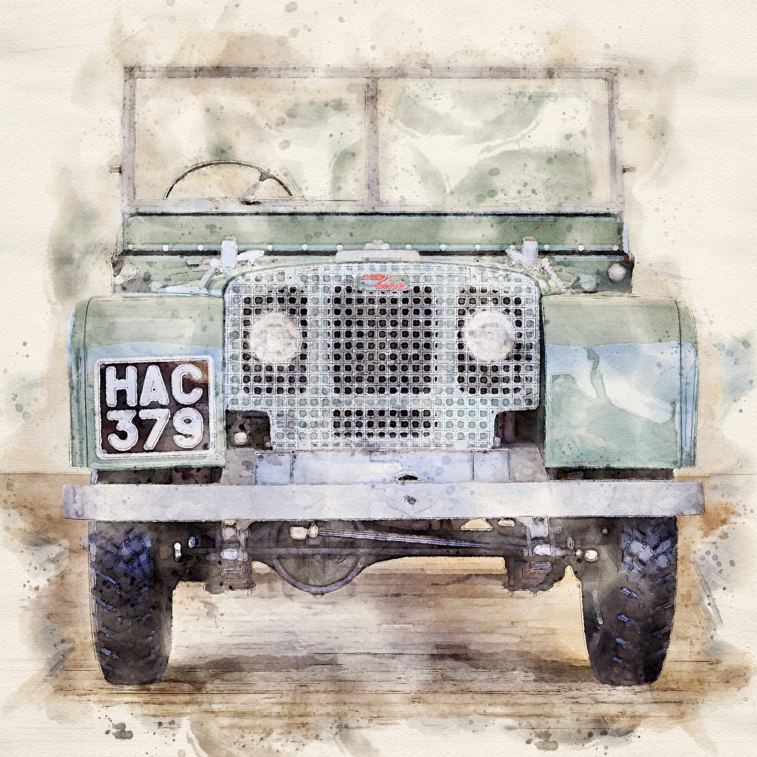 Front view of a vintage military Jeep with a camouflage paint job and a metal grille, vehicle license plate reading 'HAC 379', and large rugged tires.