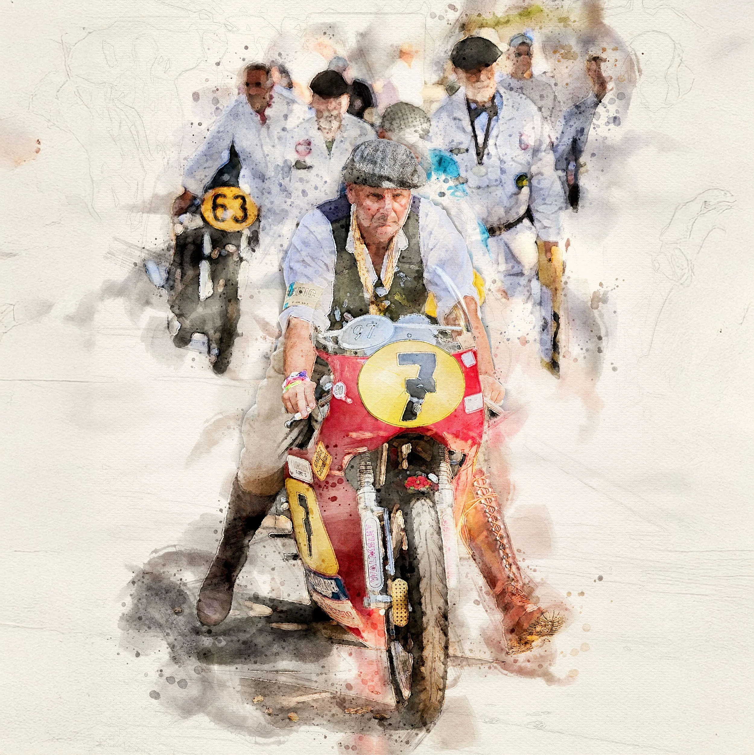A man rides a vintage race motorcycle with the number 7, surrounded by a group of people, some wearing white racing suits, at a racing event.