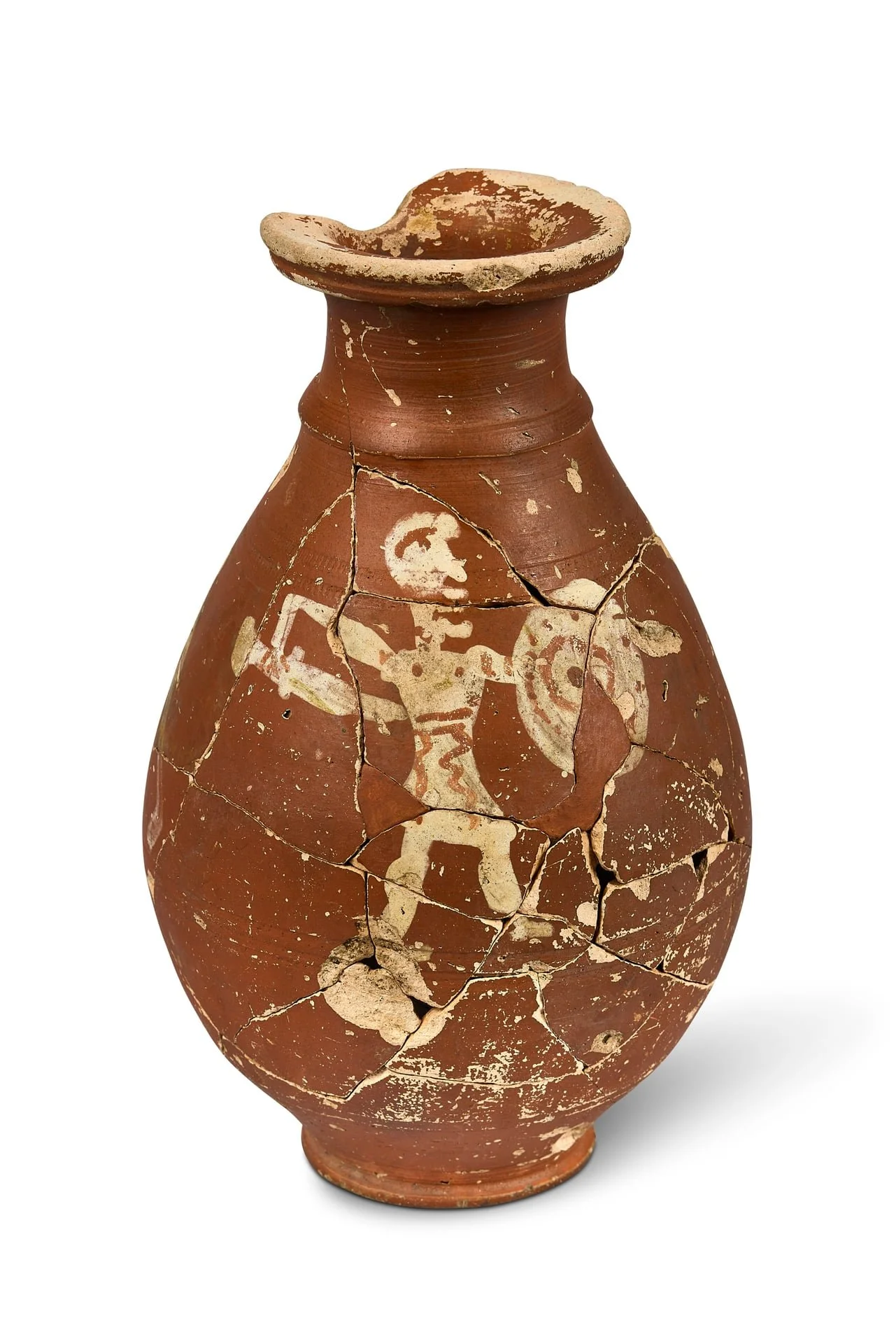 Ancient broken pottery vase with painted figures of a warrior or deity.