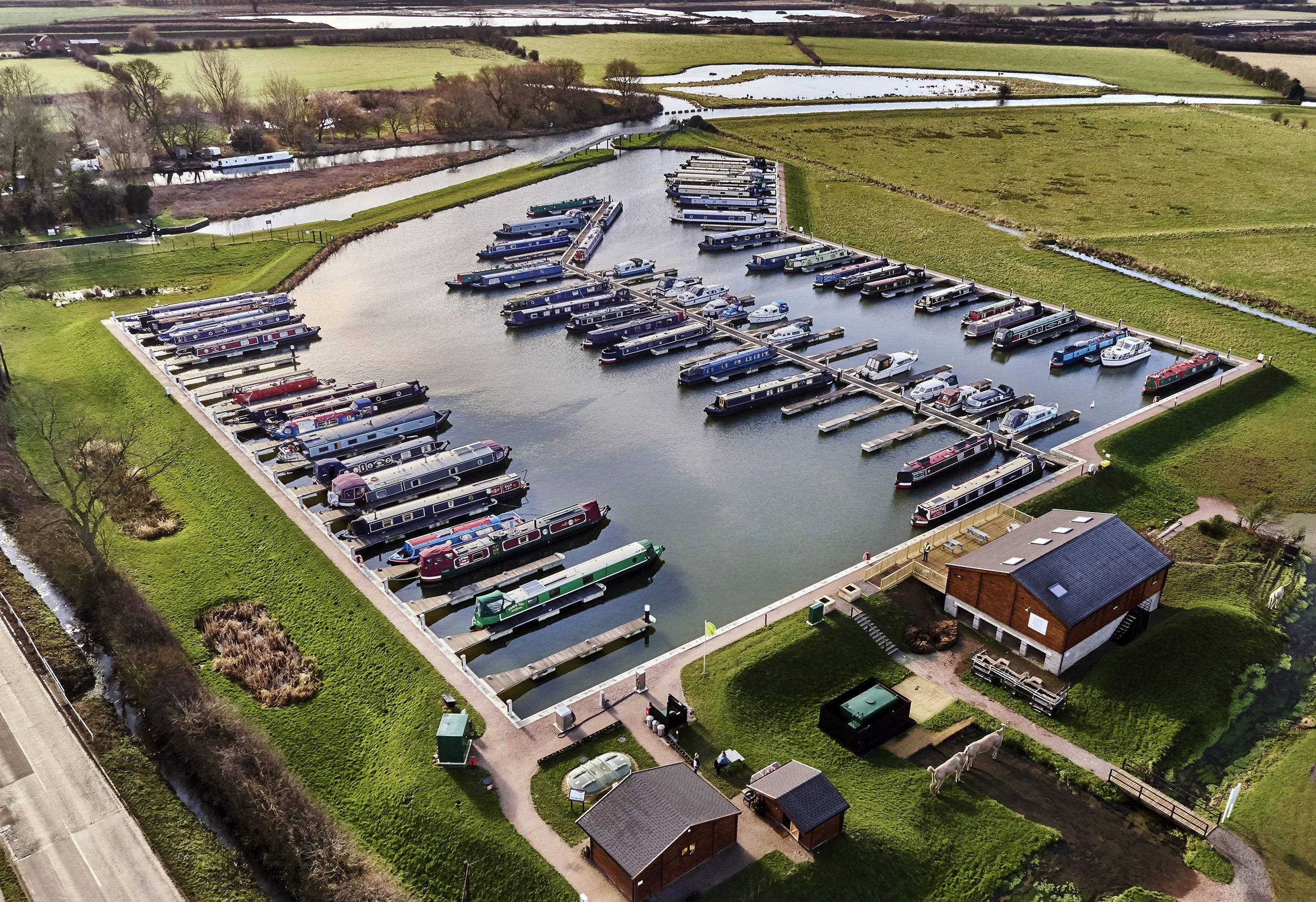 An early drone photography by Charles Ward of the White Mills marina in Earls Barton, Northamptonshire.