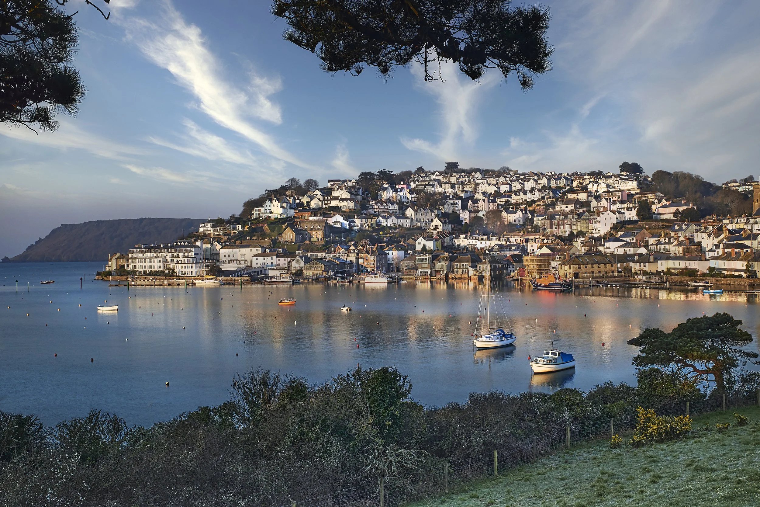 A scenic view of a coastal town with houses on a hillside overlooking a calm bay with boats anchored, surrounded by greenery and trees.