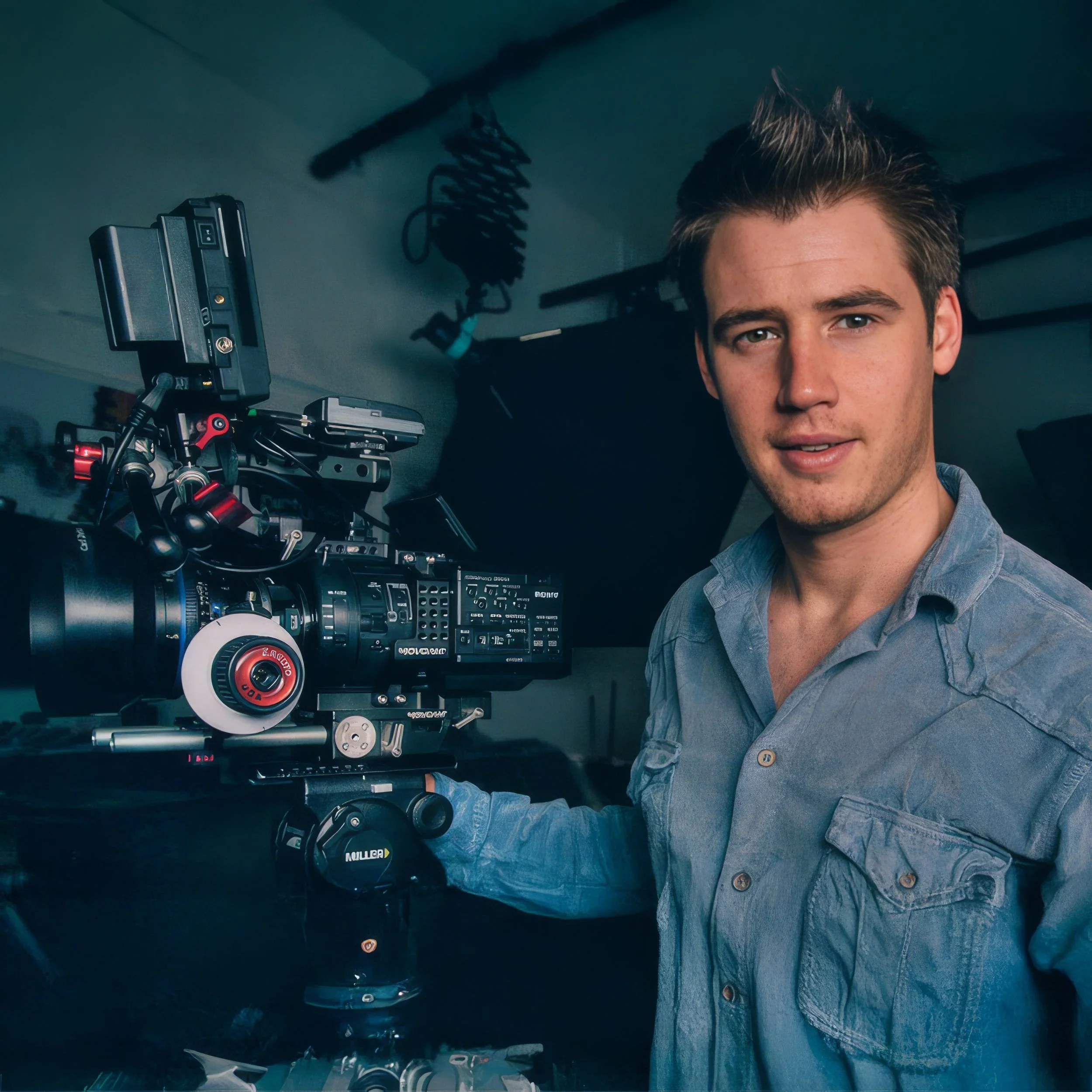 Young man operating professional film camera in a studio
